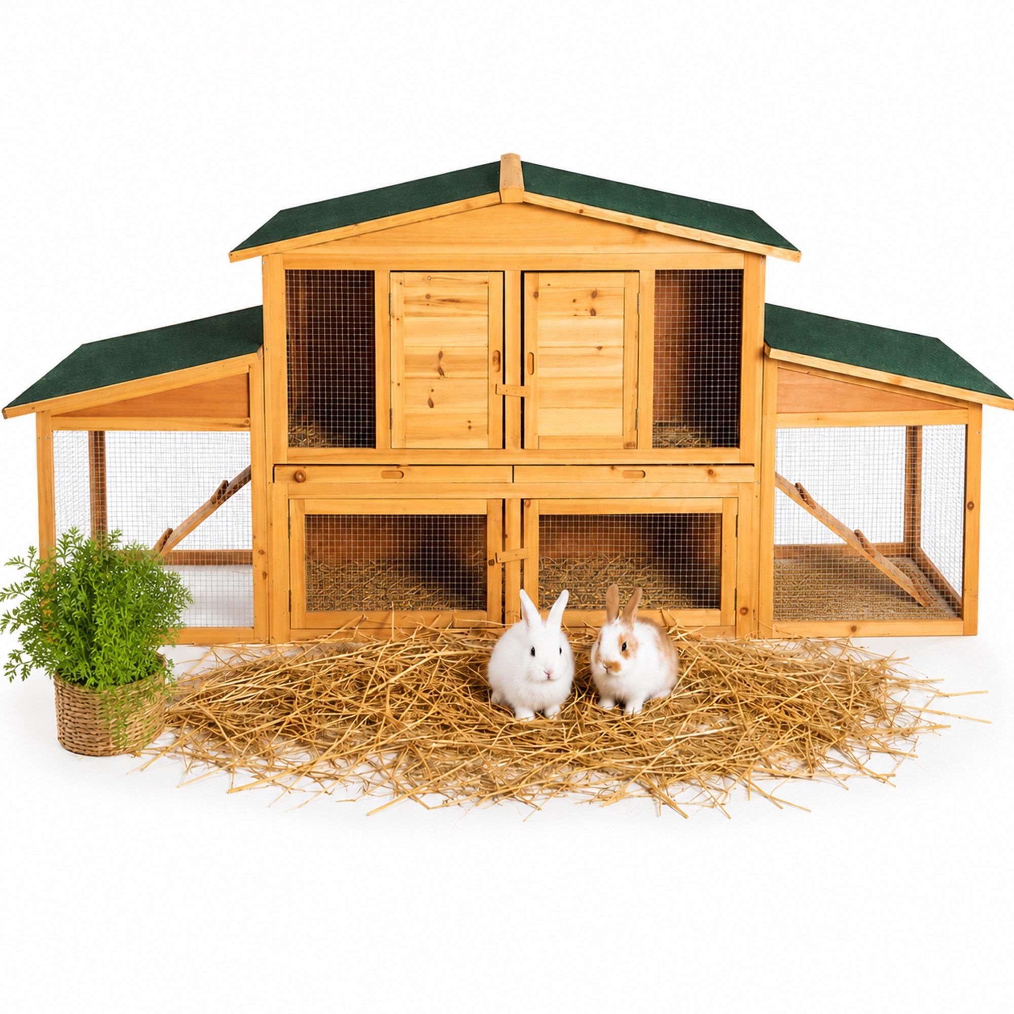 Mucola Tierhaus Hasenstall Holz Freilauf Freigehege Kaninchenstall Hasenkäfig, Mehrere Boxen, 2 Rampen, 2 Schubladen