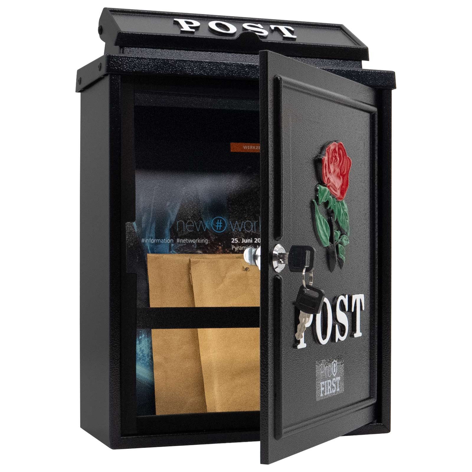 Profirst Briefkasten DaytonaRose Mailbox Wandbriefkasten aus Stahl, schwarz – Bild 3 von 5