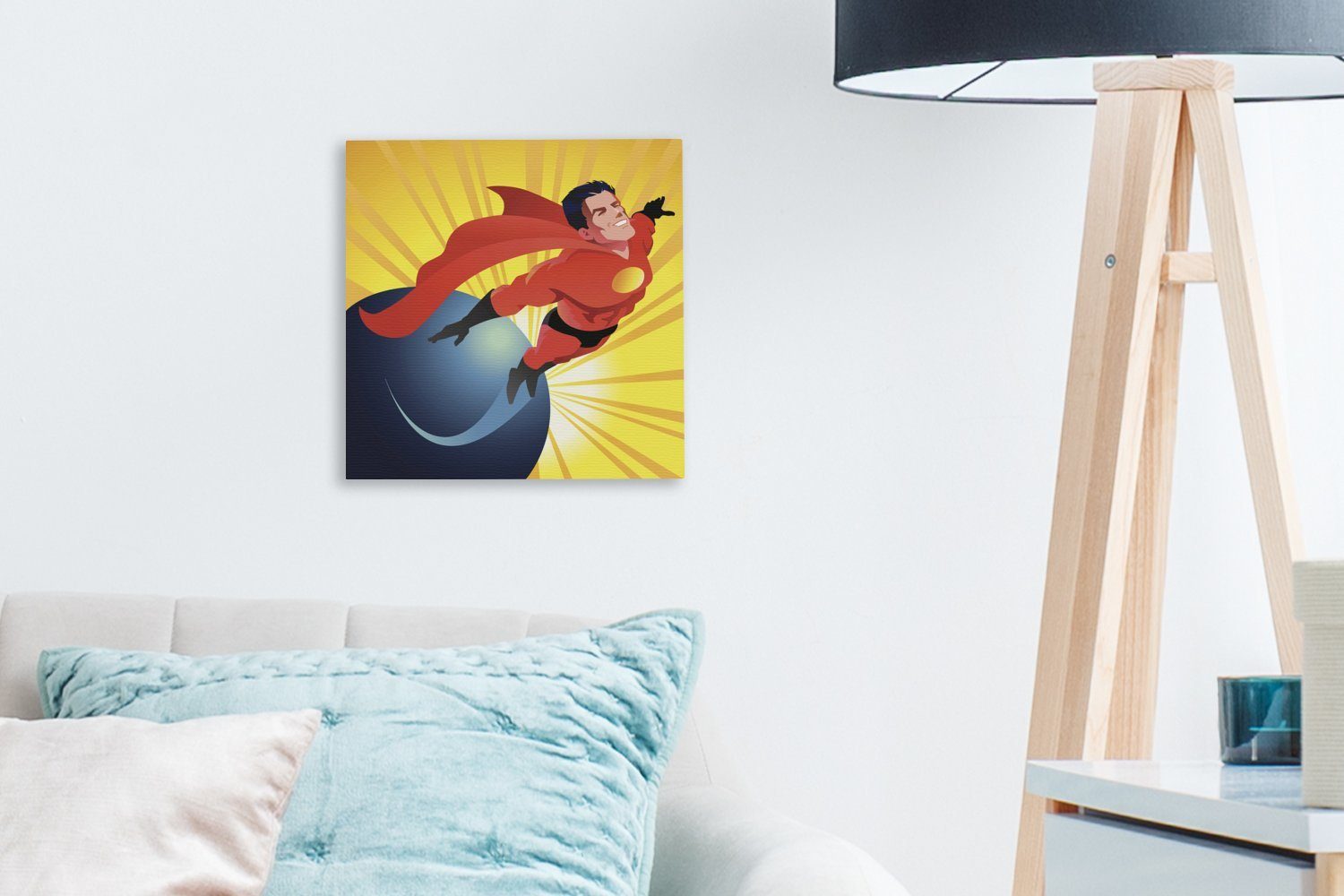 Jungen, Bilder Leinwand - der Schlafzimmer über fliegt St), Superhelden, für eines OneMillionCanvasses® Illustration die Eine Wohnzimmer (1 Welt Leinwandbild