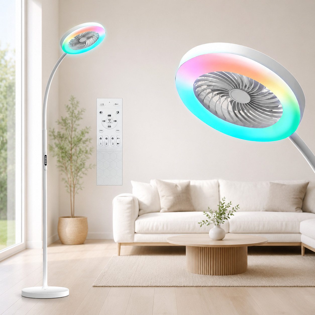 Sunicol Standventilator Dimmbare RGB Stehlampe mit Ventilator, 3 Windgeschwindigkeiten, mit Fernbedienung, Flexibler Schwanenhals, 3000K-6500K