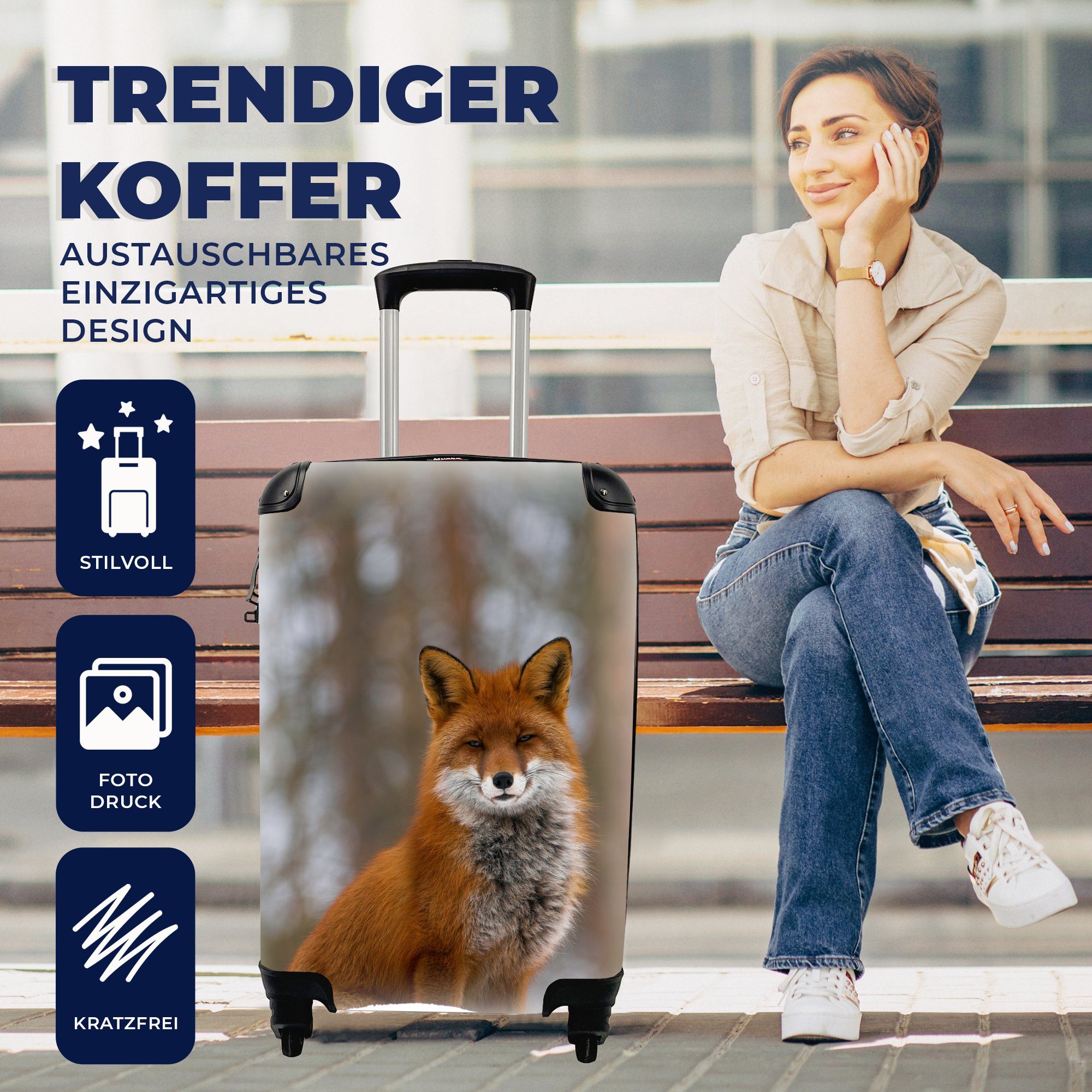 Handgepäck Fuchs Reisetasche Rollen, - mit - Reisekoffer rollen, Rot, MuchoWow 4 Ferien, für Wald Trolley, Handgepäckkoffer