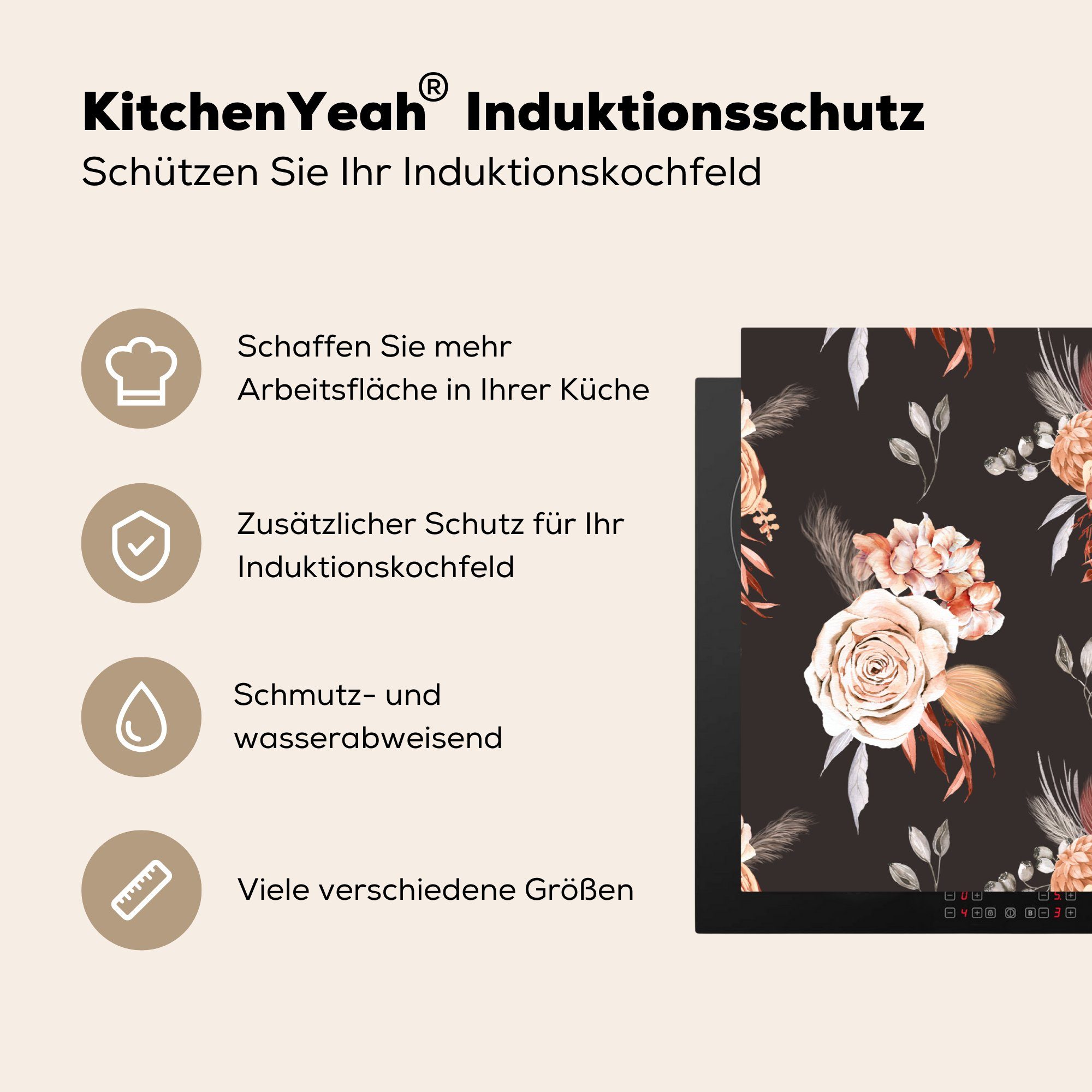 MuchoWow Herdblende-/Abdeckplatte Blumen - (1 tlg), küche, 81x52 Ceranfeldabdeckung die Natur, für - Blätter cm, Induktionskochfeld Schutz Vinyl