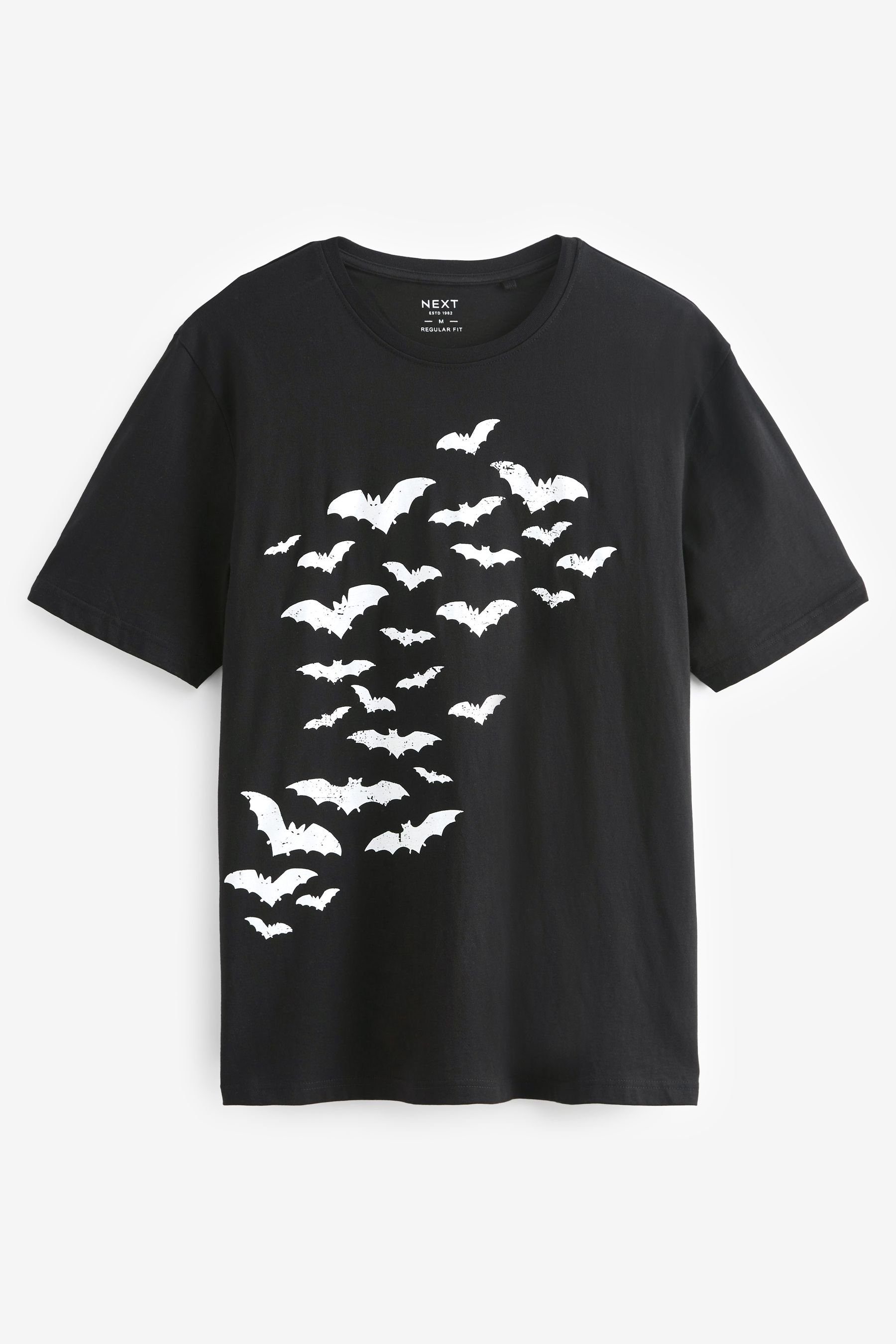 Next Print-Shirt Halloween-T-Shirt (1-tlg) Black Glow In The Dark Bats