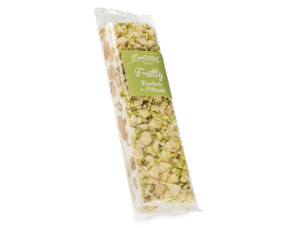 Dolcital Süßigkeit Torrone Frutty Classic mit Mandeln, soft, Pistazie, 100g, Dolcital, 100 g, Weißer, weicher Nougat mit Belag