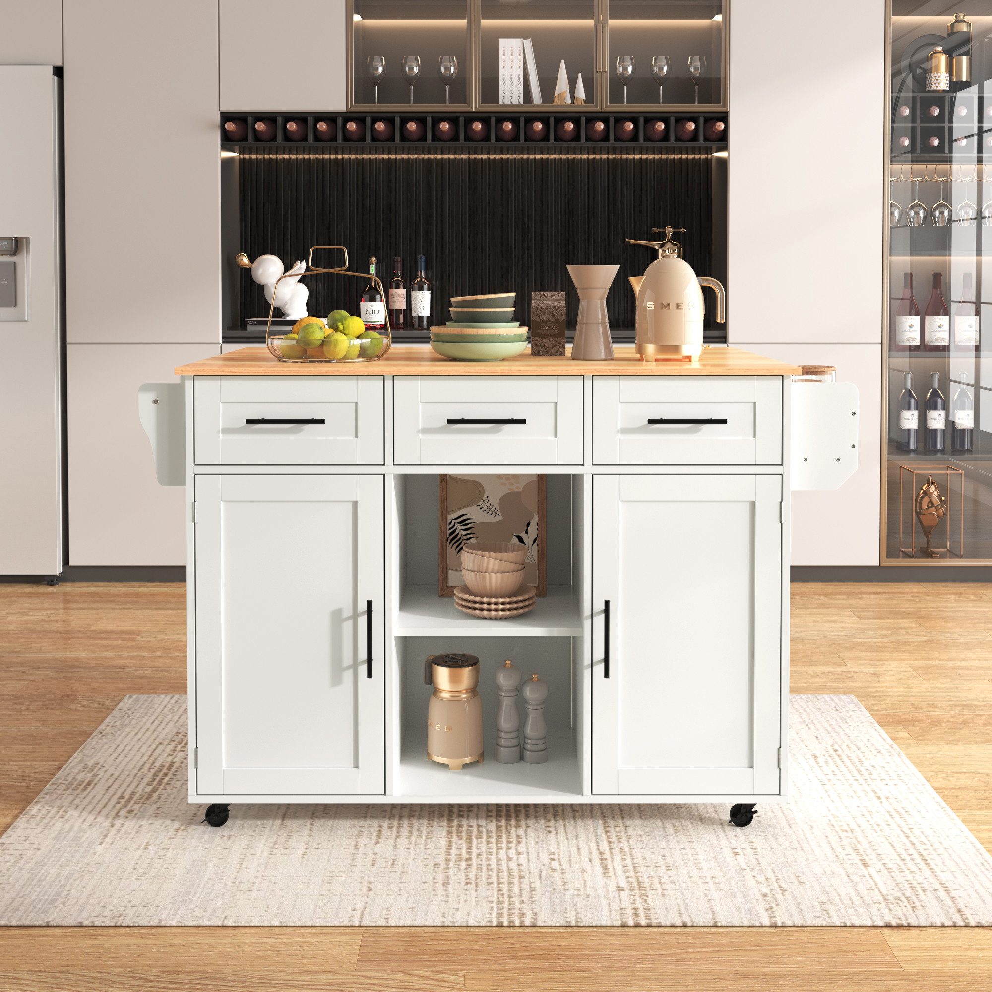 Flieks Küchenwagen mit erweiterbarer Arbeitsplatte, Rollen & Massivholzbeine austauschbar, (139x46(71)x91,5 cm, 1 St), Kücheninsel Buffetschrank Servierwagen mit verstellbare Ablagen