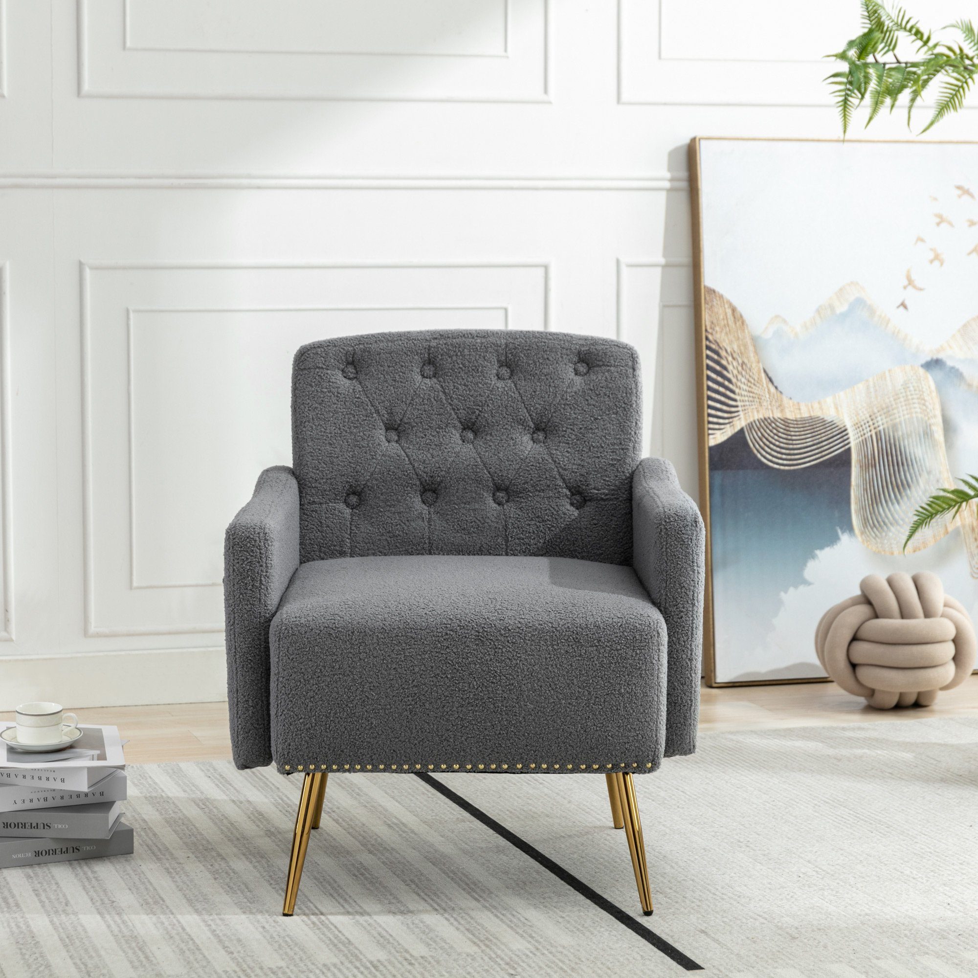 Relaxstuhl, bequemer Sessel Wohnzimmerstuhl, oder Entspannen, Relaxsessel, bequemer Metallbeine, goldene (Wohnzimmerstuhl, OKWISH grau Reißverschluss-Design Sessel, Lesen Teddy-Samt-Stuhl mit Sessel), geeignet zum