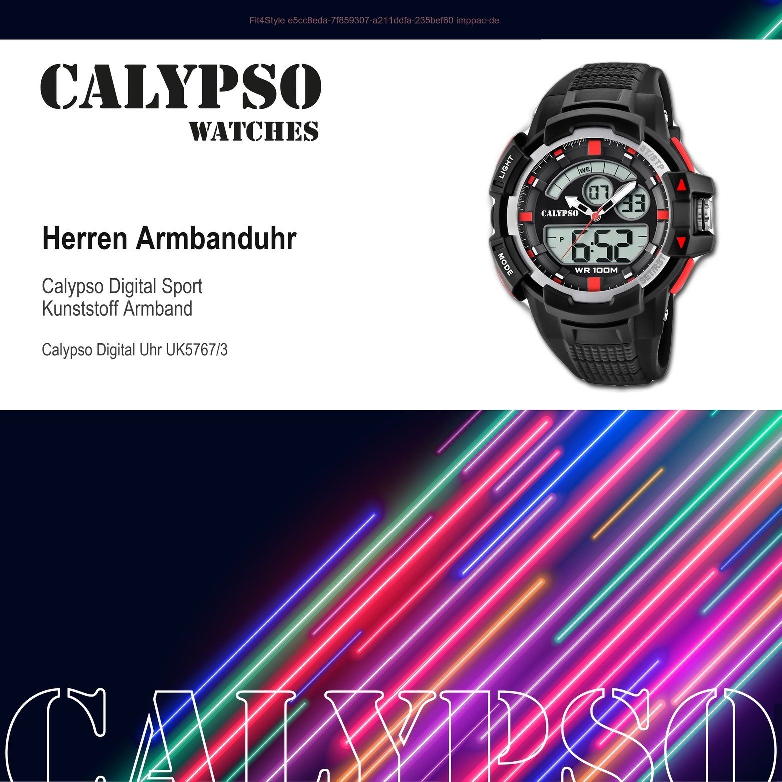 Herren rund, schwarz, WATCHES Kunststoffband, Kunststoff, K5767/3 Herren Calypso Digitaluhr Sport Uhr Armbanduhr CALYPSO PUarmband