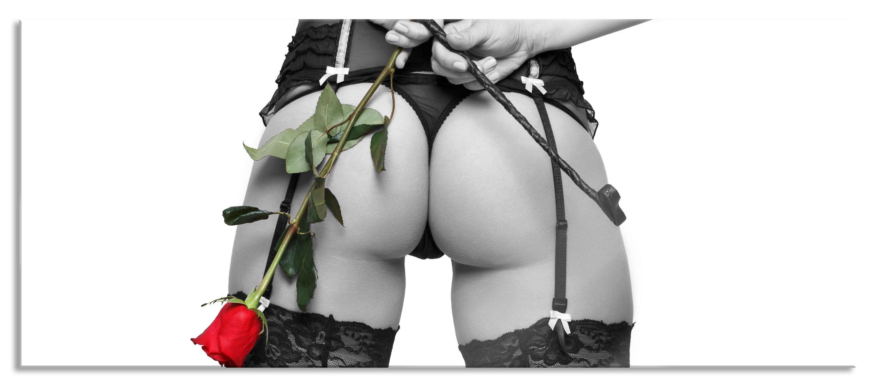 Glasbild Frau mit Rose & Peitsche Shades of