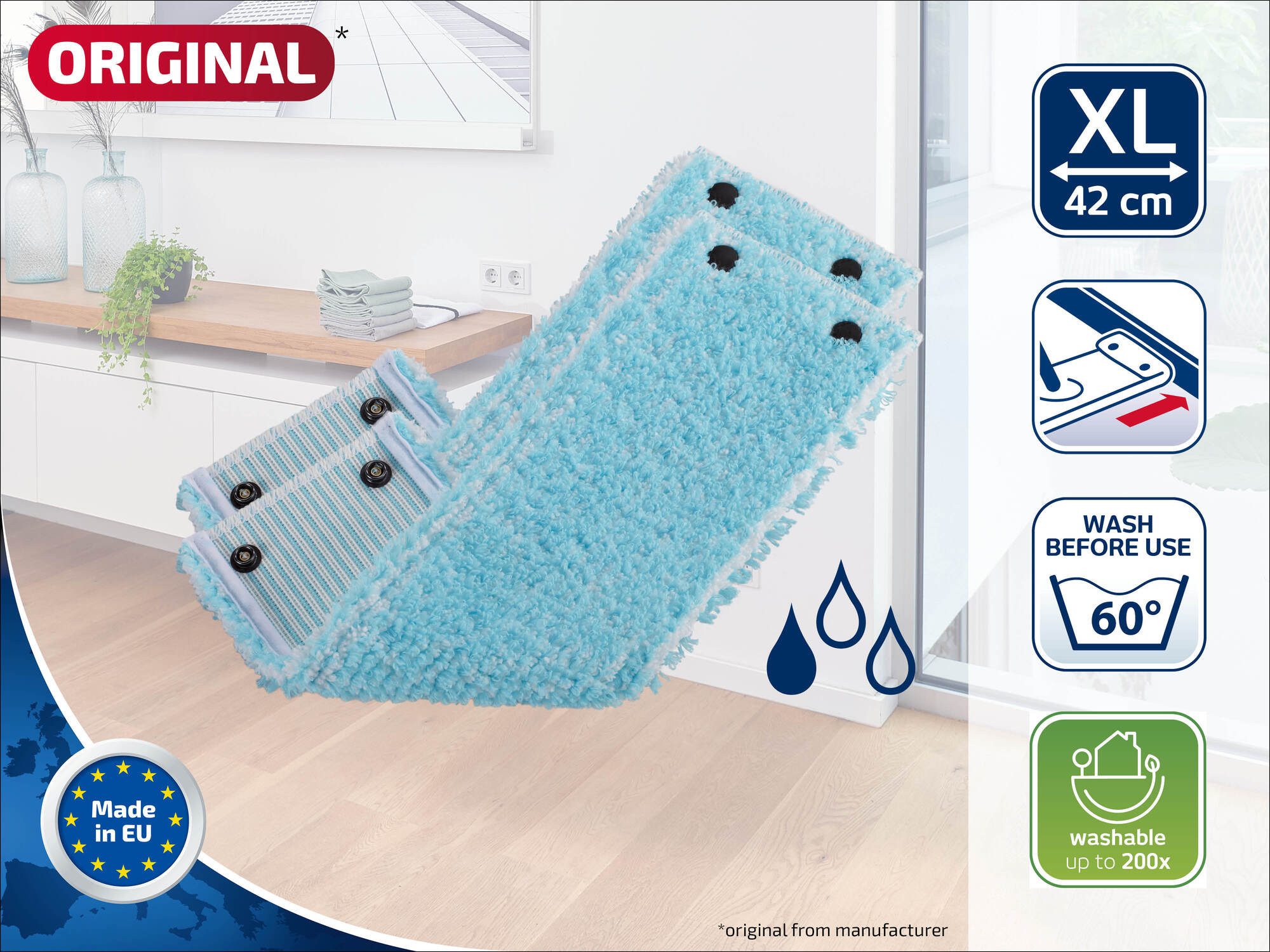 Leifheit Wischbezug CLEAN TWIST XL / Combi XL super soft 2er Wischbezug (Kunstfaser, 14.0x49.5 cm, 2-tlg., Waschbar bei 60°C, Wischbreite 42cm, für Parkett/Laminat/Kork)