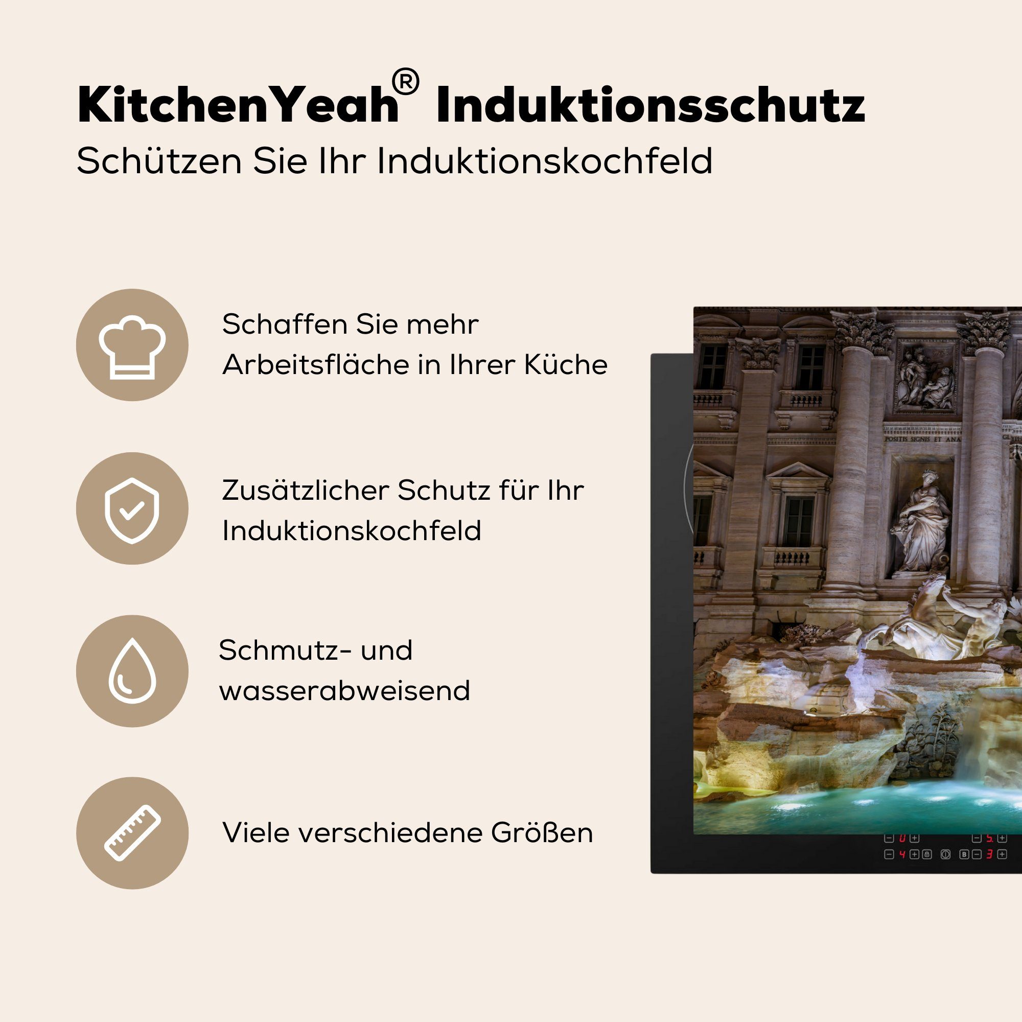 küche, Nacht, cm, 81x52 Vinyl, Induktionskochfeld MuchoWow für tlg), bei Schutz Trevi-Brunnen die Ceranfeldabdeckung Herdblende-/Abdeckplatte (1