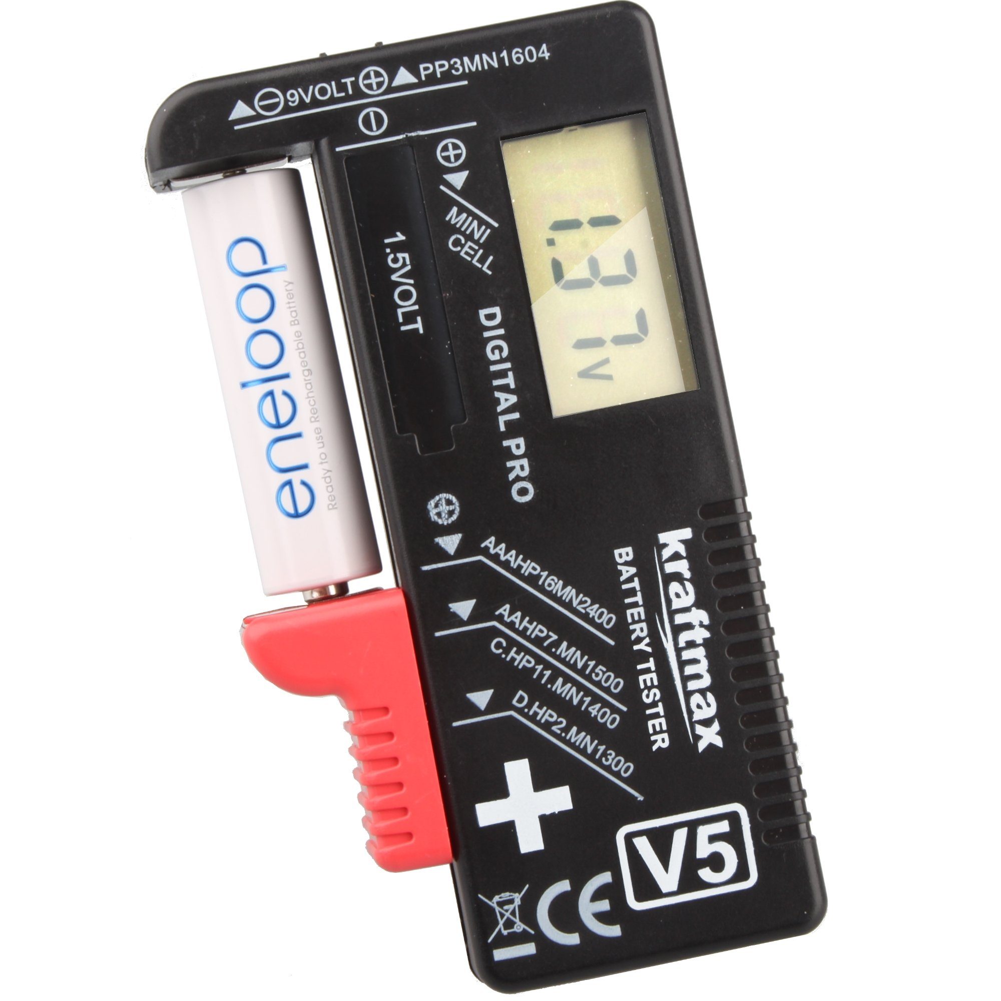 kraftmax Batterietester Batterietester V5 Akku Tester - AA/AAA/C/D/Micro/Mignon inkl. 9V Test, (1 St)