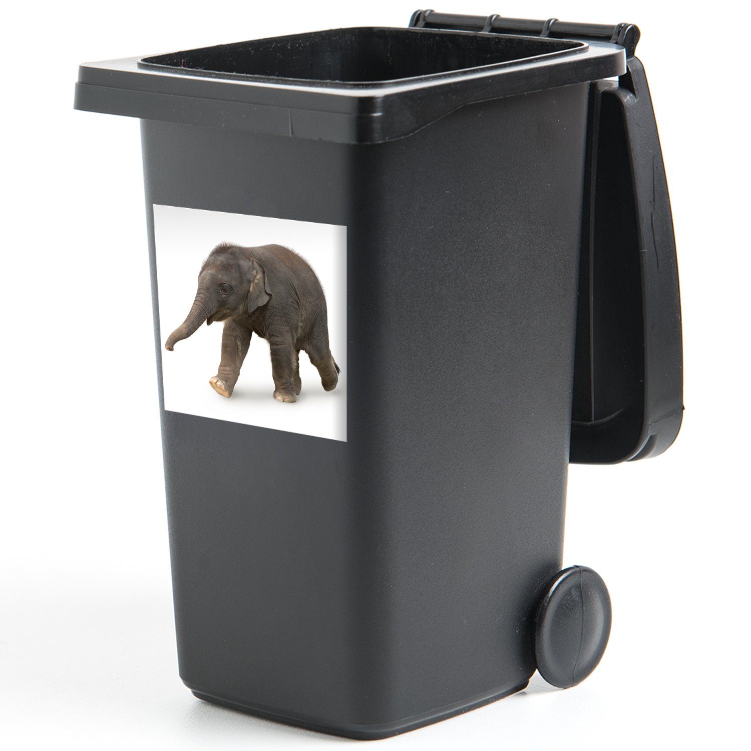 auf St), Container, Mülltonne, Kleiner Hintergrund weißem MuchoWow Abfalbehälter (1 Elefant Wandsticker Mülleimer-aufkleber, Sticker,