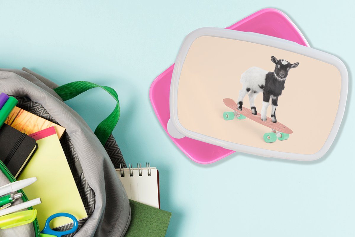 MuchoWow Lunchbox für Skateboard Erwachsene, Tiere, rosa Schwarz - Brotdose - Ziege - Kinder, - Snackbox, Brotbox Mädchen, Kunststoff Kunststoff, Weiß (2-tlg)