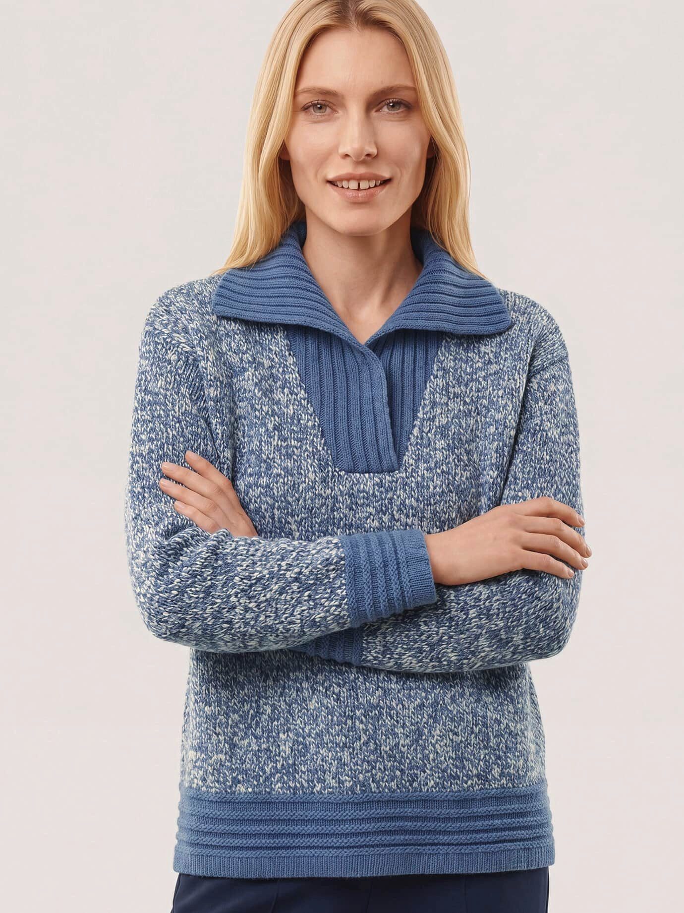 Walbusch Strickpullover Damen Tweed Pullover mit weitem Kragen V-Ausschnitt Langarm, wärmend