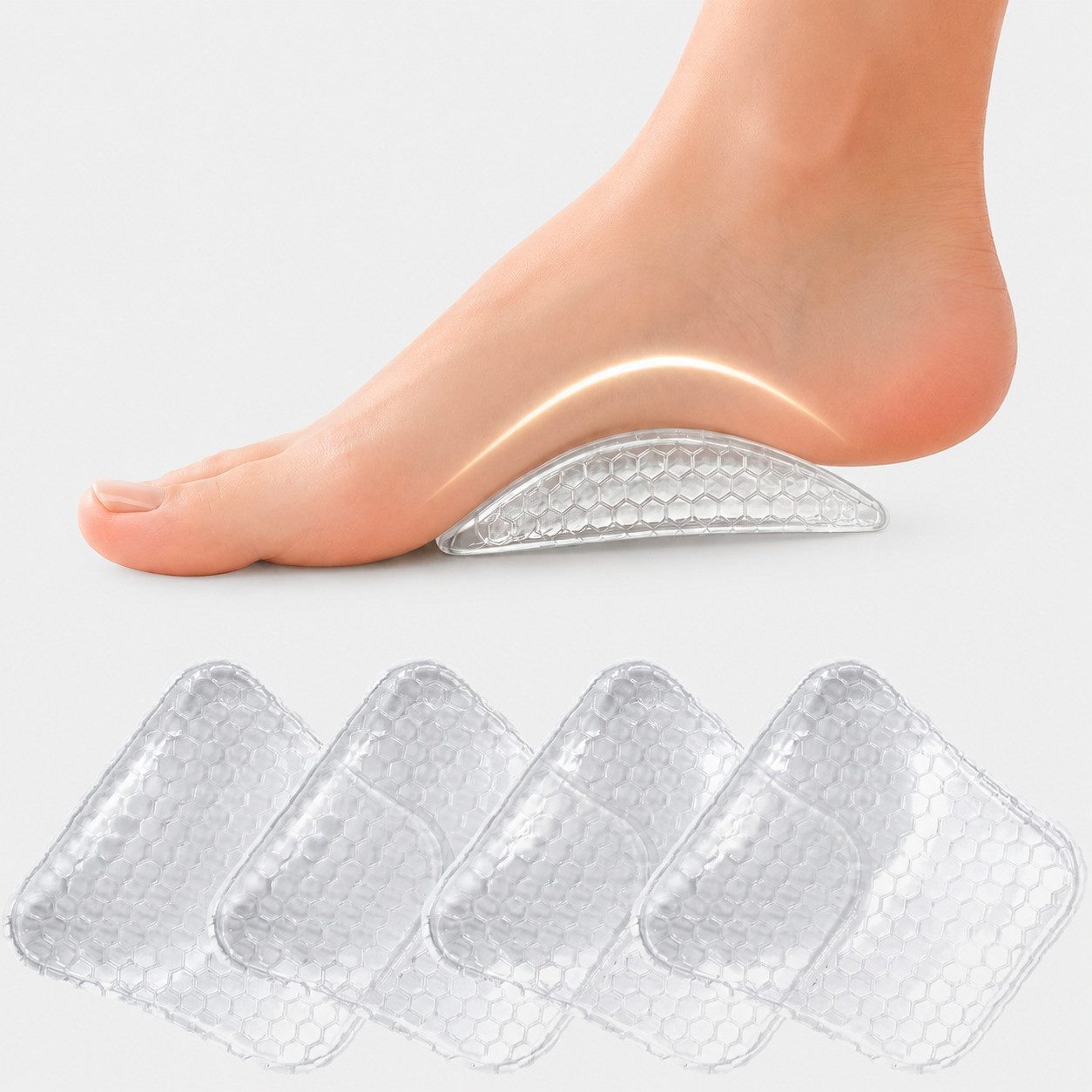 COOL-i ® Einlegesohlen 2 Paar Gel Fußgewölbe Pads, selbstklebende Fußgewölbeunterstützung, zuschneidbar, wiederverwendbar, transparent