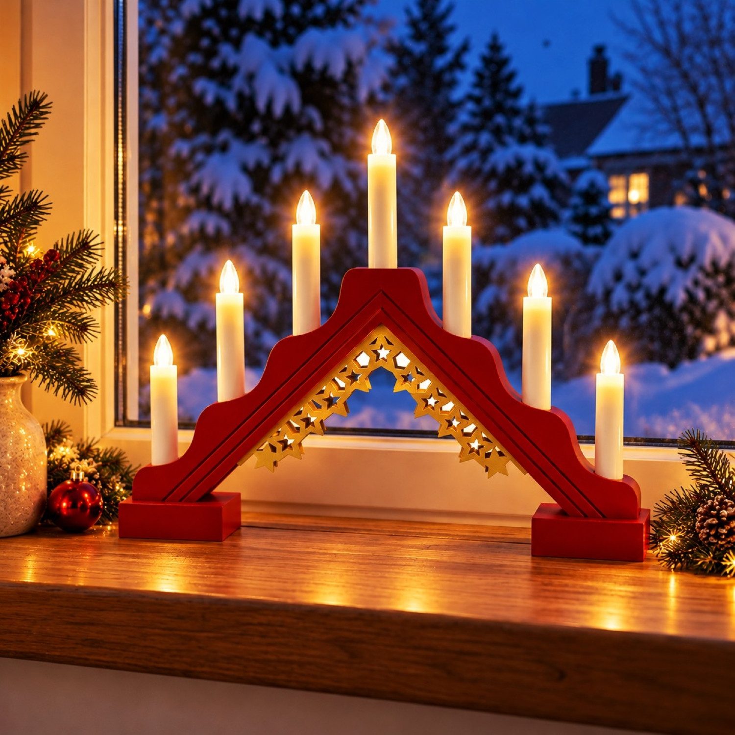 Online-Fuchs LED Fensterleuchter Lichterbogen mit 7 LED-Weihnachtskerzen & Timer - Weihnachtsdeko innen, 7 LEDs, warmweiße Beleuchtung, praktische 6-Stunden Timerfunktion enthalten