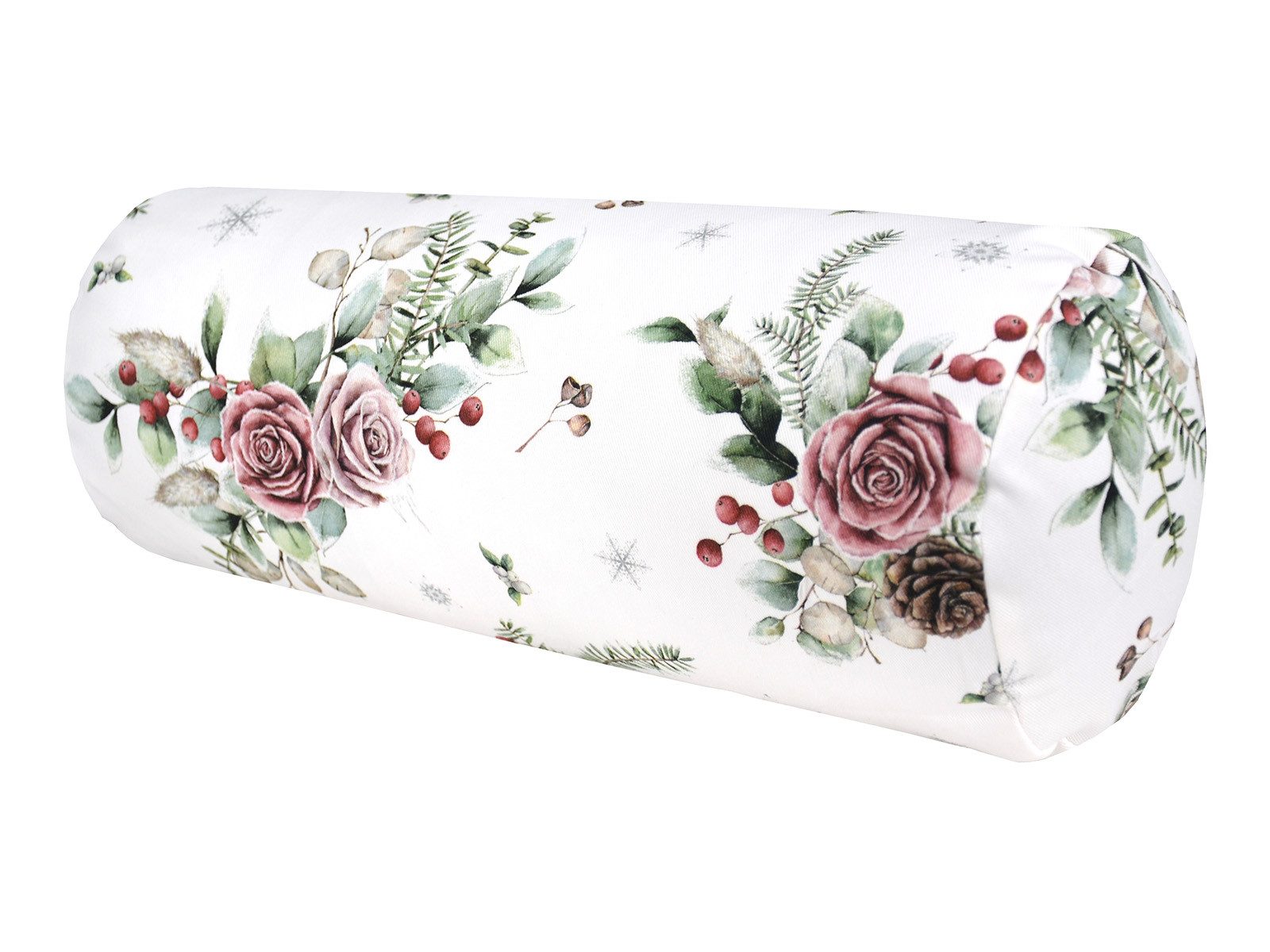 beties Nackenrollenbezug Magie des Winters Frost-Rose, (1 Stück), mit Rosen, Kiefernzapfen und Zweigen