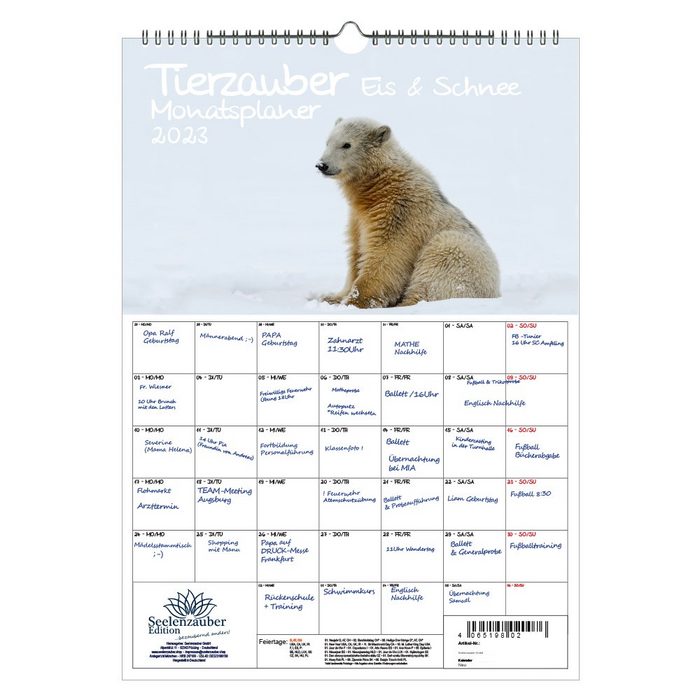 Seelenzauber Wandkalender Tierzauber Eis und Schnee Planer DIN A3 - Kalender für 2023 Tiere aus