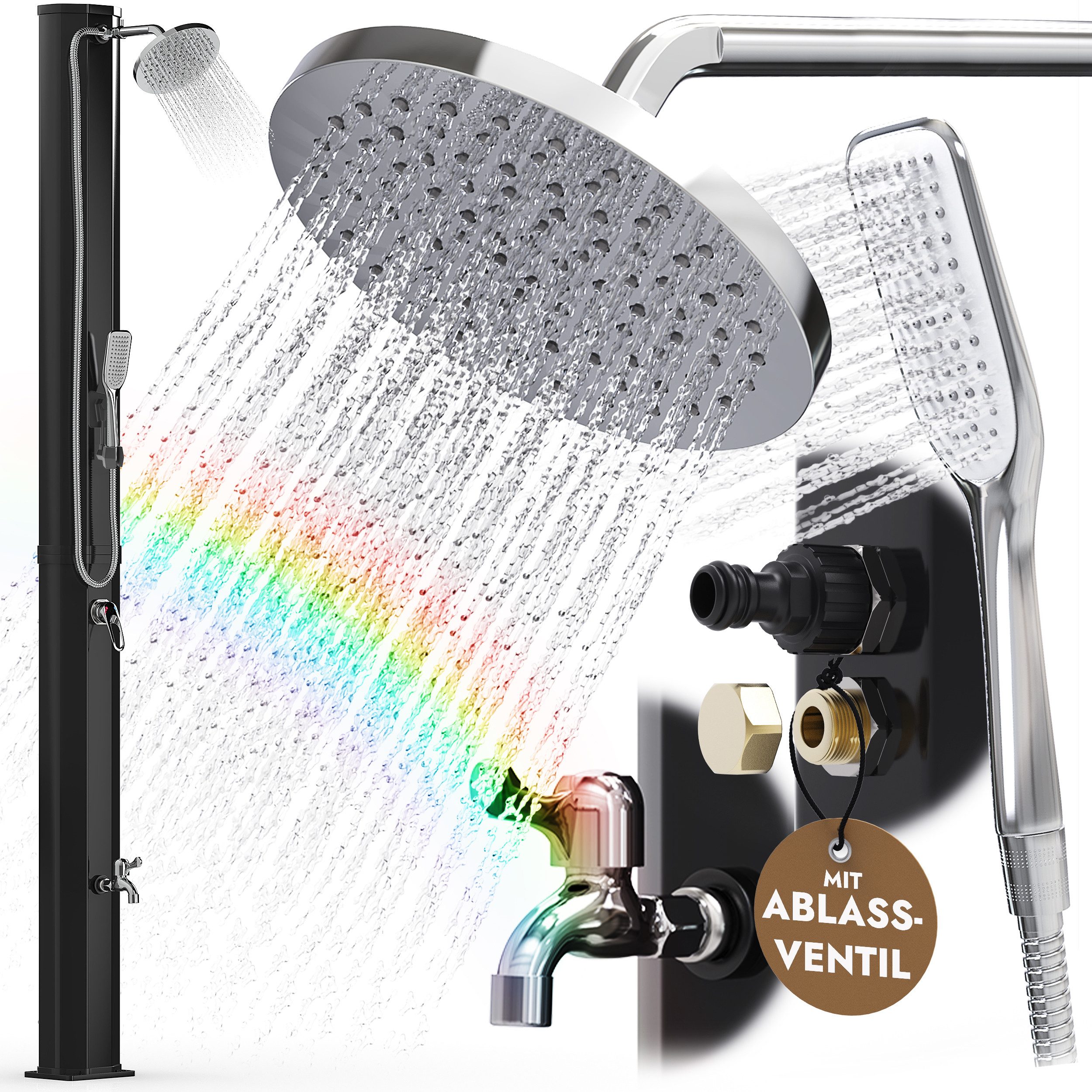 dirks-traumbad Gartendusche Solar 40l Pooldusche Außendusche mit Handbrause + Fußdusche Schwarz, Aussendusche Sauna Garten 35l Tank winterfest