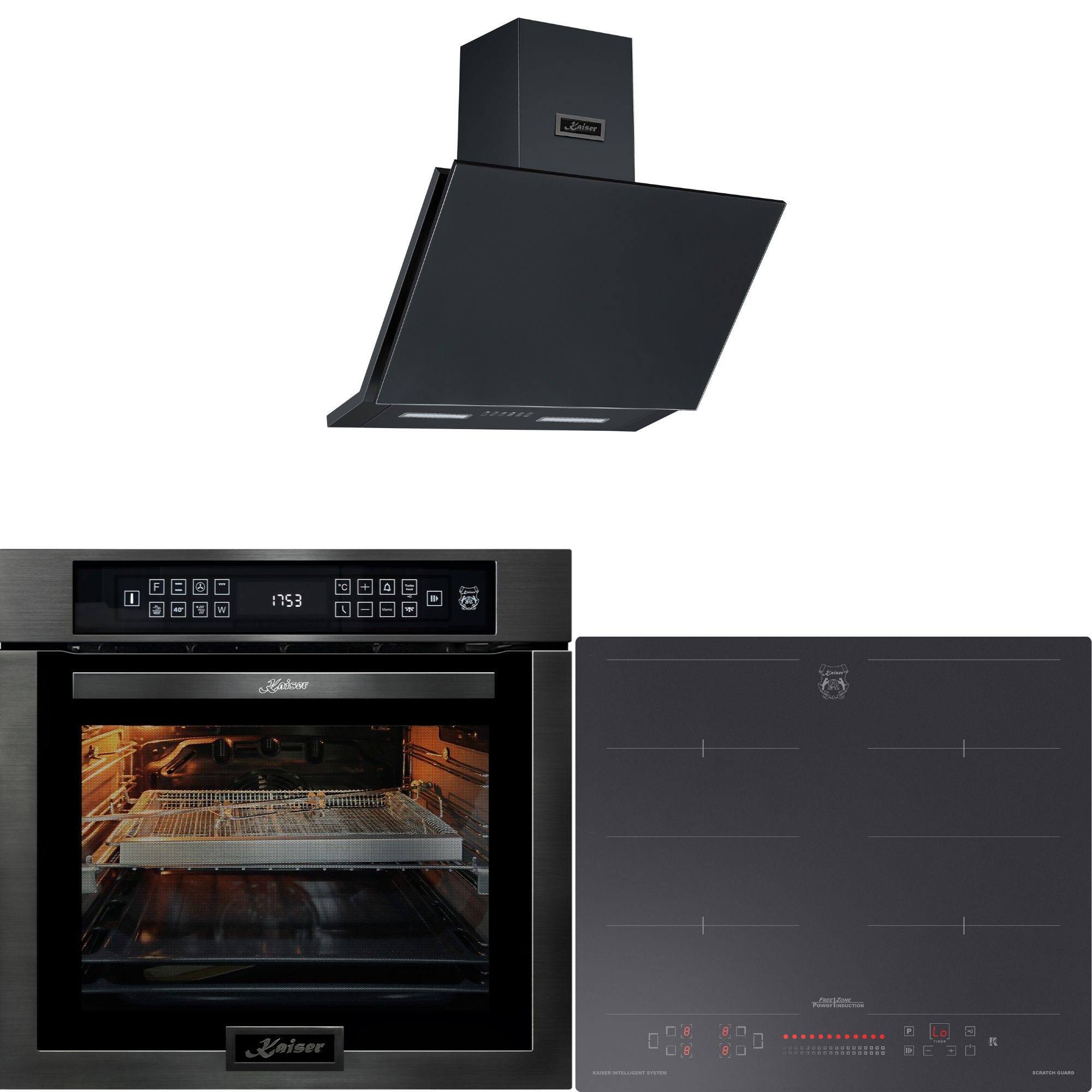 Kaiser Küchengeräte Backofen-Set Herd Set Autark Einbaubackofen,86L 15 Fkt. Grill Air fryer Full Touch+Induktions Kochfeld Autark Herd Power Booster 60 cm Anti Scratch/ matt+Dunstabzugshaube 60cm 1250m³/h Schwarz matt EH 6306 N RS+KCT 6110 FI+AT 6455 s, mit 1-fach-Teleskopauszug