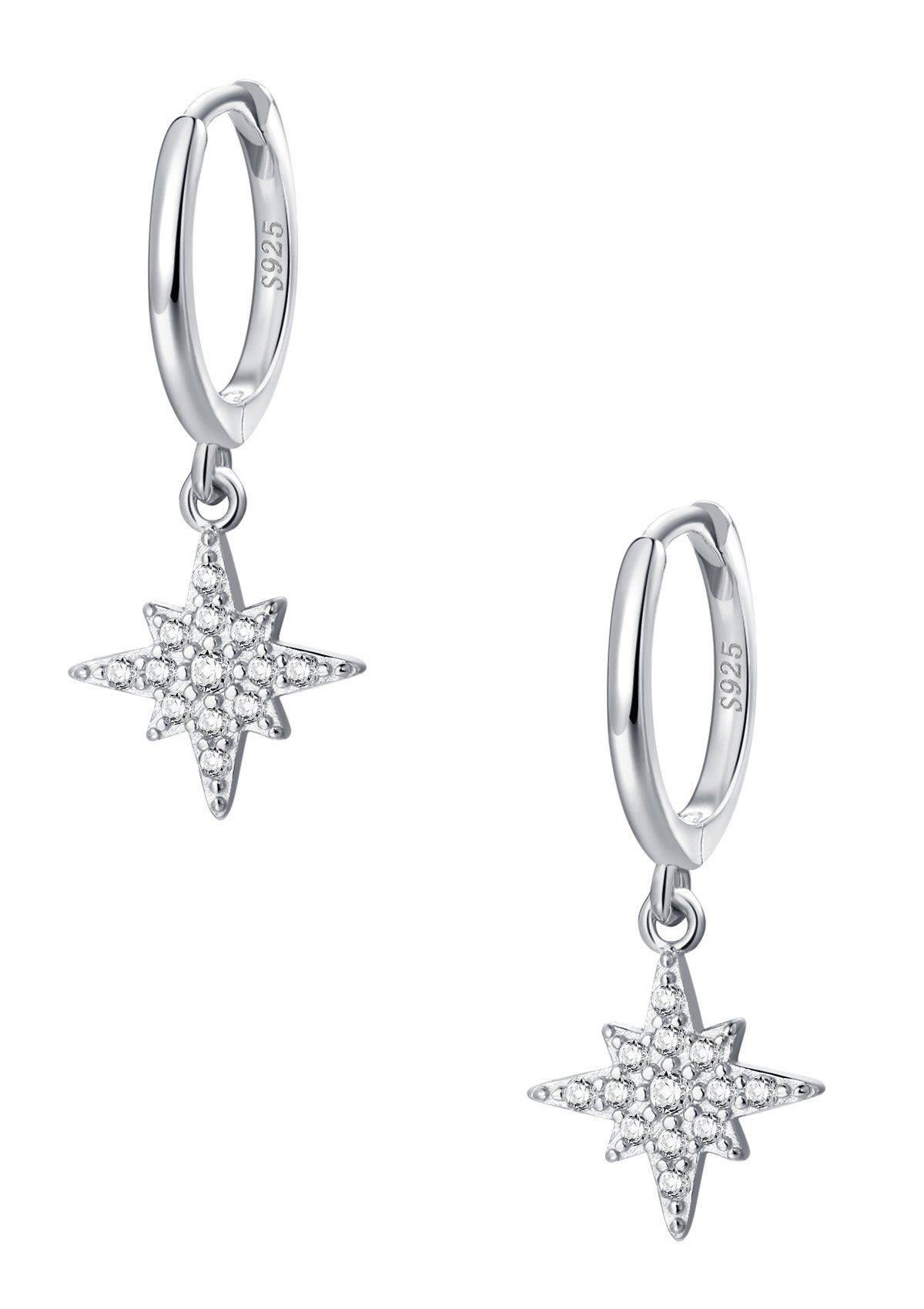Hey Happiness Paar Creolen Nord Stern, Vergoldete Huggie Ohrringe mit Zirkonia, Kleine 925 Silber Ohrhänger mit Stern, für Damen