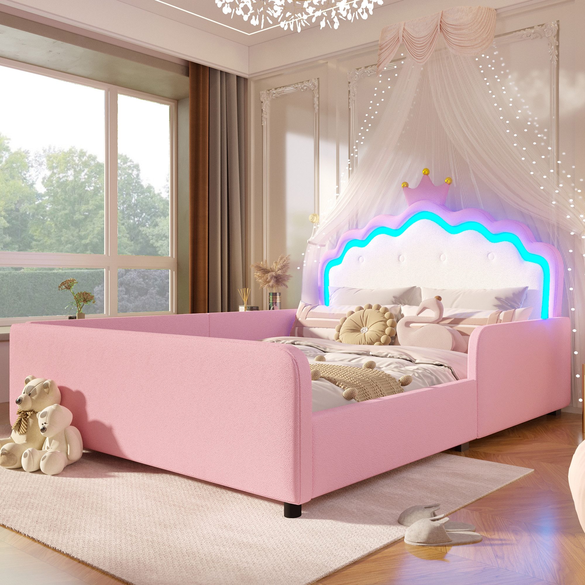 Merax Polsterbett mit LED-Beleuchtung, Prinzessinnenbett mit Kronen-Kopfteil (1-tlg), Kinderbett 140x190cm mit Sicherheitsgitter, Jugendbett aus Kunstleder