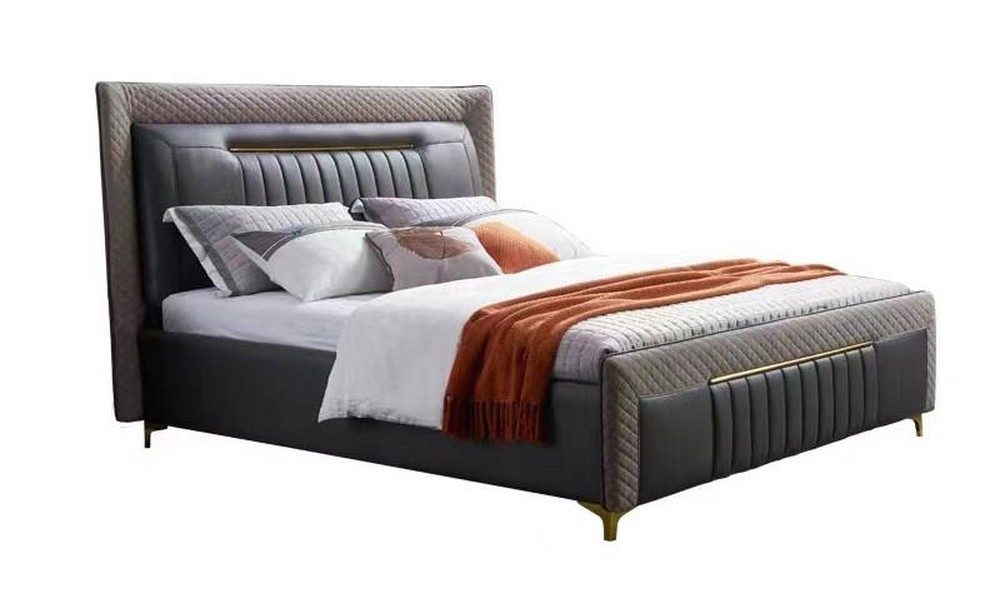 JVmoebel Bett Luxuriöses Lederbett in Braun-Grau mit Edelstahlfüßen in Gold (1-tlg., 1x nur Bett), Made in Europa