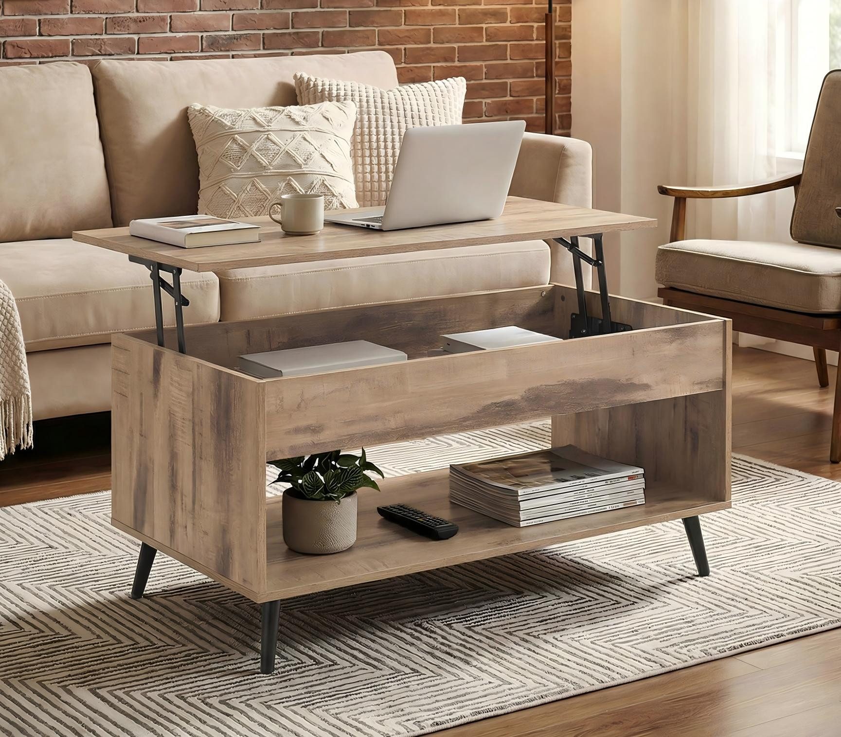 VASAGLE Couchtisch höhenverstellbar, verstecktes Fach, offenes Fach, 50 x 100 x 45/58,5cm (inkl. Zubehörpaket & Anleitung, aufklappbar), Schreibtisch, Basis-Höhenverstellung, Wohnzimmertisch, Kaffeetisch