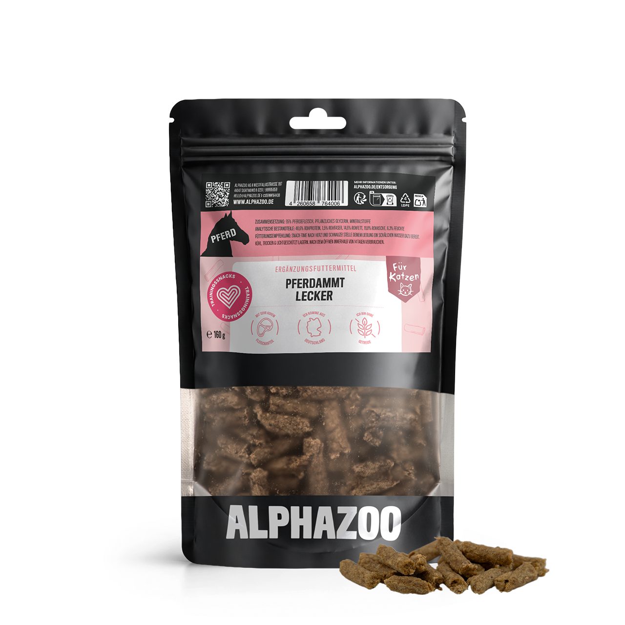 ALPHAZOO Pferdammt Lecker 160g, Weiche Katzenleckerli mit Pferd getreidefrei und ohne Zuckerzusatz, Snack für: Katzen, Katzensnack mit viel Fleisch und hypoallergen