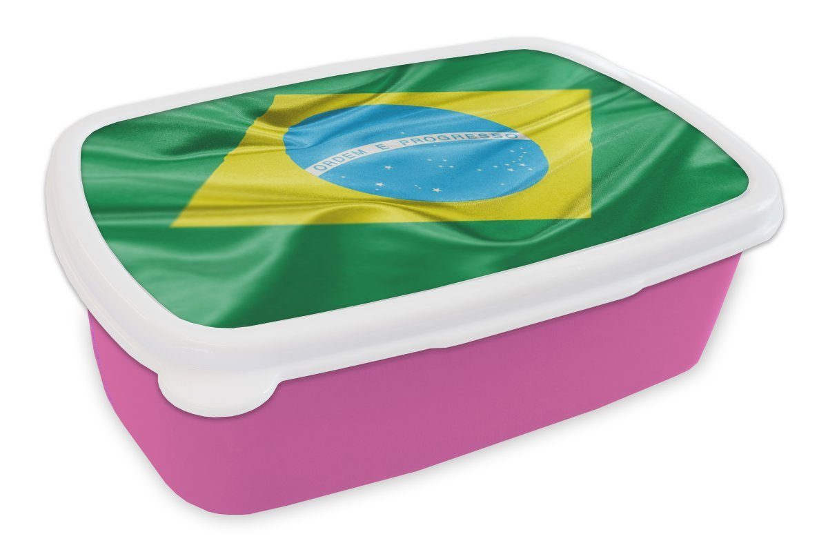 Brotdose (2-tlg), der Lunchbox für Brasilien, Erwachsene, Mädchen, Kunststoff Brotbox Kunststoff, MuchoWow Nahaufnahme Kinder, von Flagge rosa Snackbox,