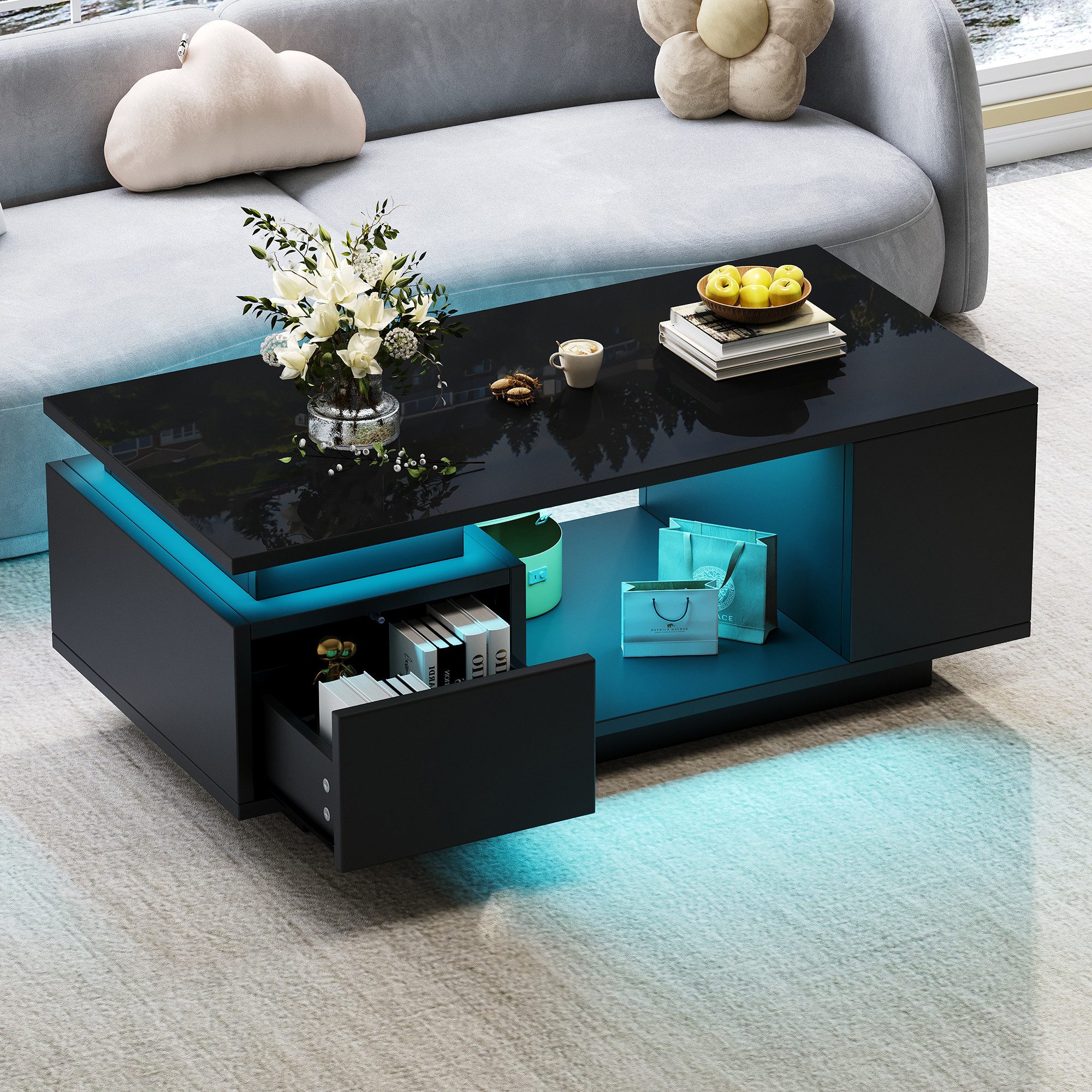 Merax Couchtisch hochglanz Sofatisch Beistelltisch mit LED-Beleuchtung (1-St), Wohnzimmertisch mit Schublade & seitlichem Stauraum, 100x50x36cm
