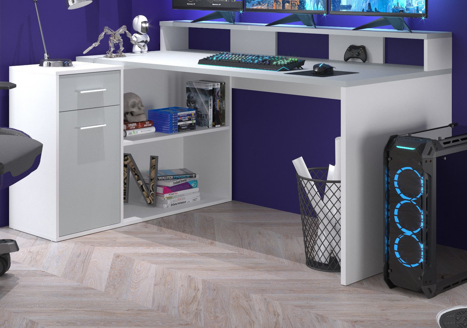 trendteam Schreibtisch Gamer (Winkelschreibtisch oder gerade stellbar, 160 - 200 cm), 4 verschiedene Aufbaumöglichkeiten, mit viel Stauraum