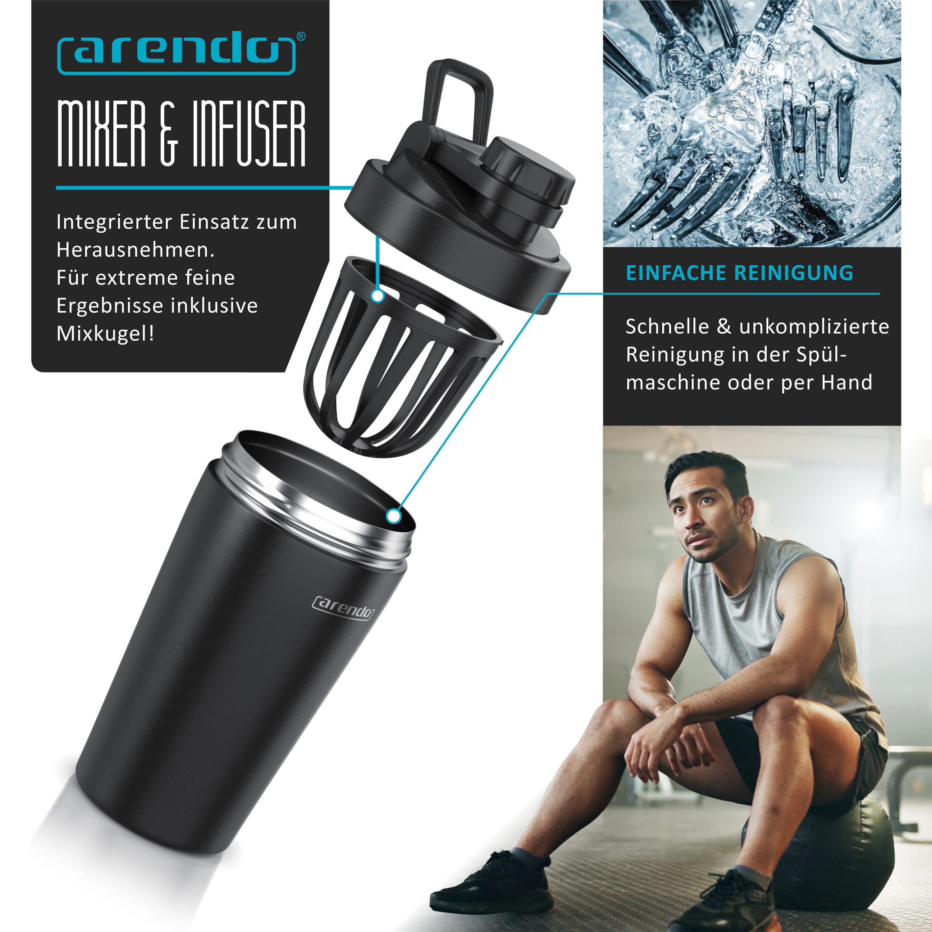 Arendo Protein Shaker Edelstahl Eiweißshaker 500 ml, verschließbar, bruchfest, BPA-frei, Edelstahl, (1-tlg), auslaufsicher, spülmaschinengeeignet, mit Tragegrif – Bild 5 von 5