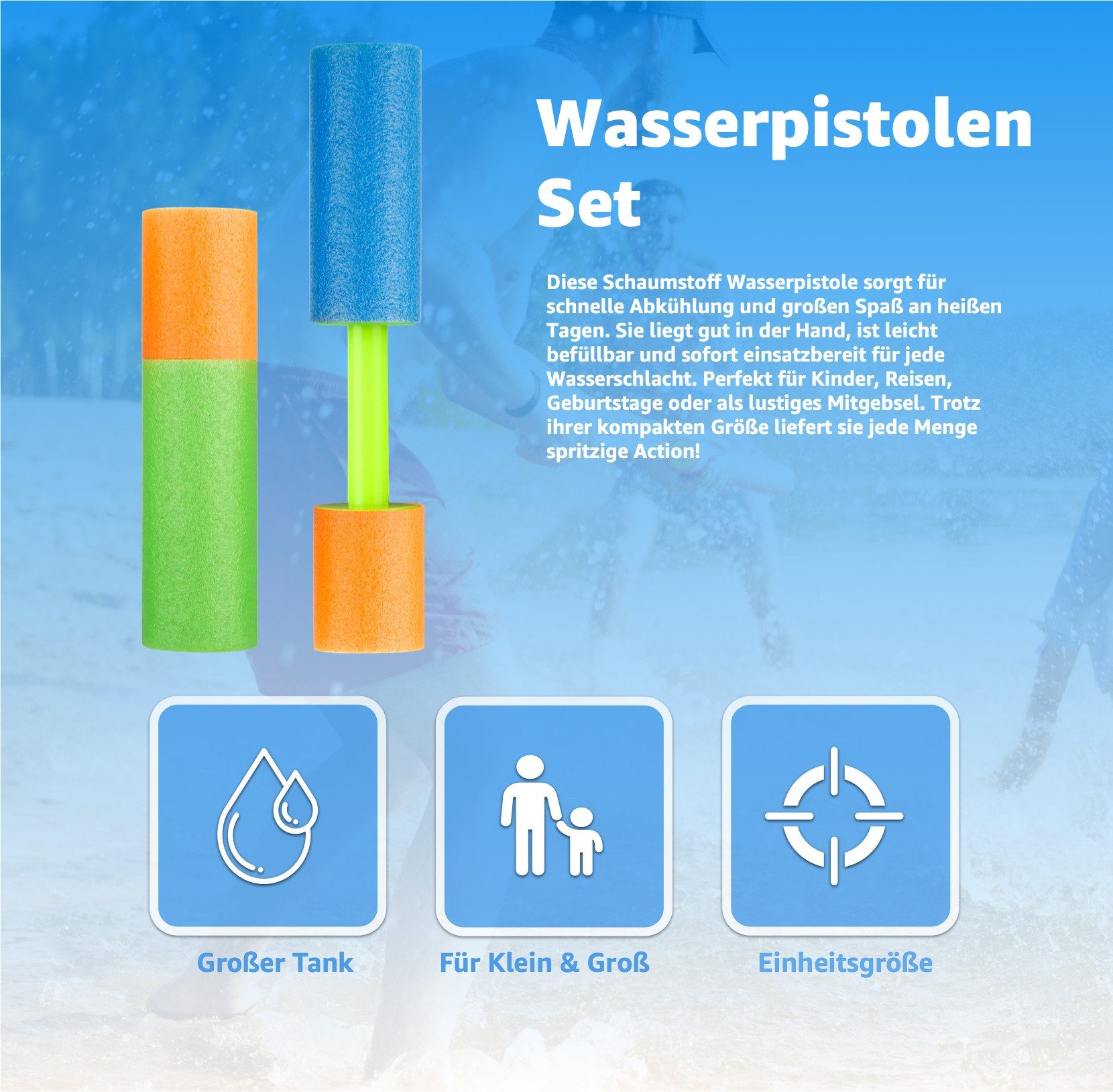 TK Gruppe Wasserpistole 6x Schaumstoff Wasserpistolen bunt - Wasserspritzpistole (6er Set, 6-tlg., 6x Wasserpistolen), extra große Reichweite