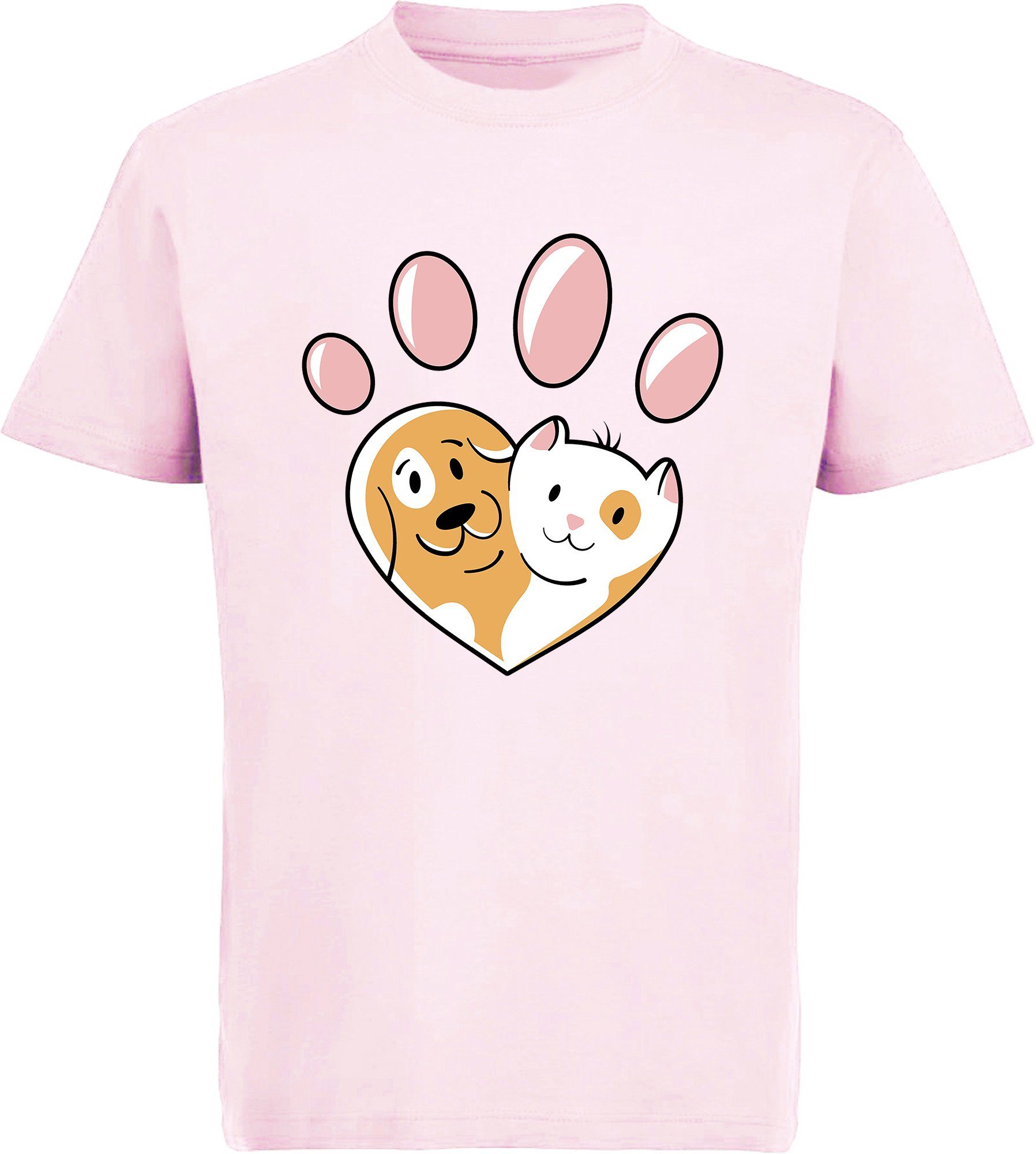 MyDesign24 Print-Shirt bedrucktes Kinder Hunde T-Shirt - Herz Pfote mit Hund und Katze Baumwollshirt mit Aufdruck, i223 rosa