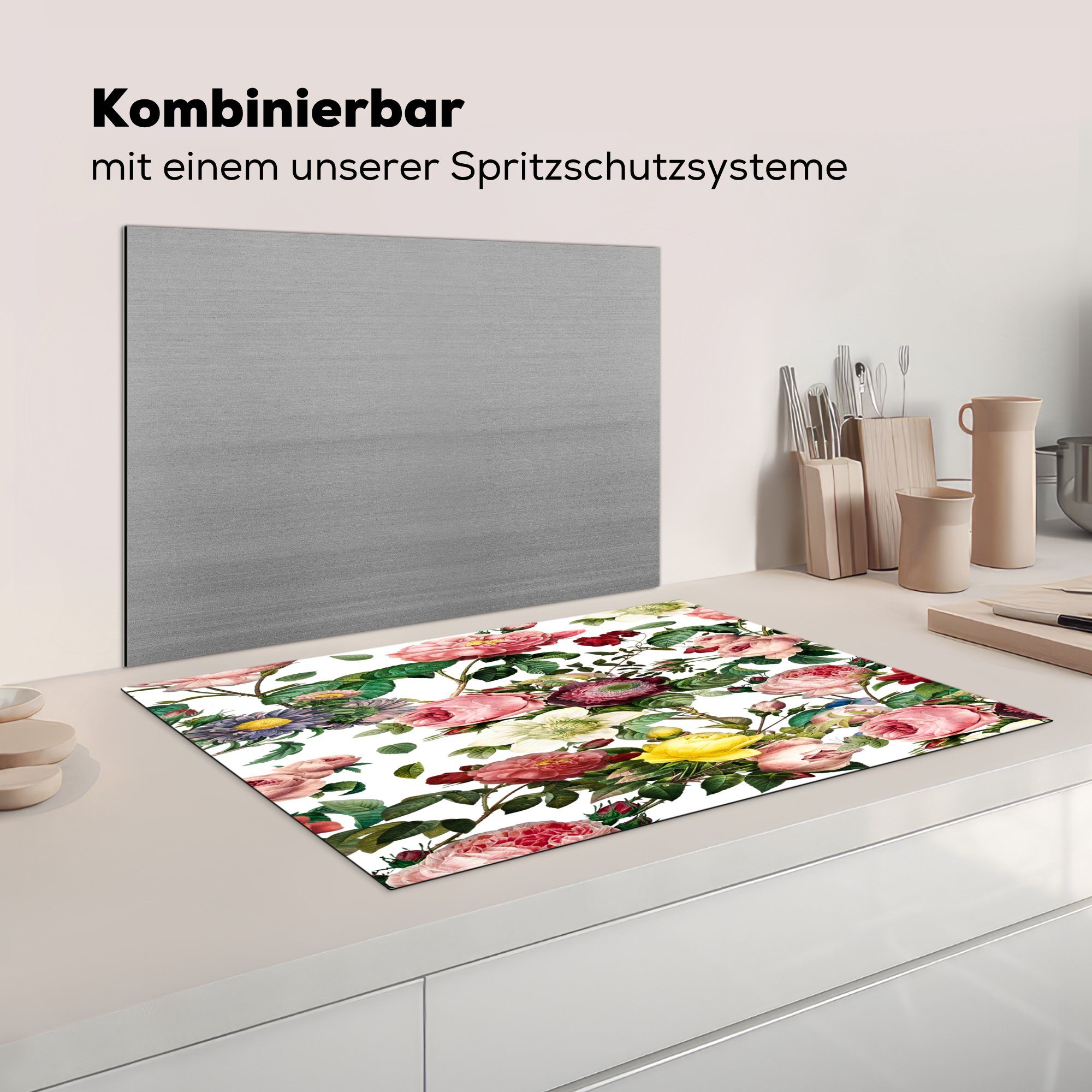 Vinyl, Blumen 81x52 cm, - für - Rose MuchoWow Weiß, Induktionskochfeld Ceranfeldabdeckung küche, (1 tlg), Herdblende-/Abdeckplatte die Schutz