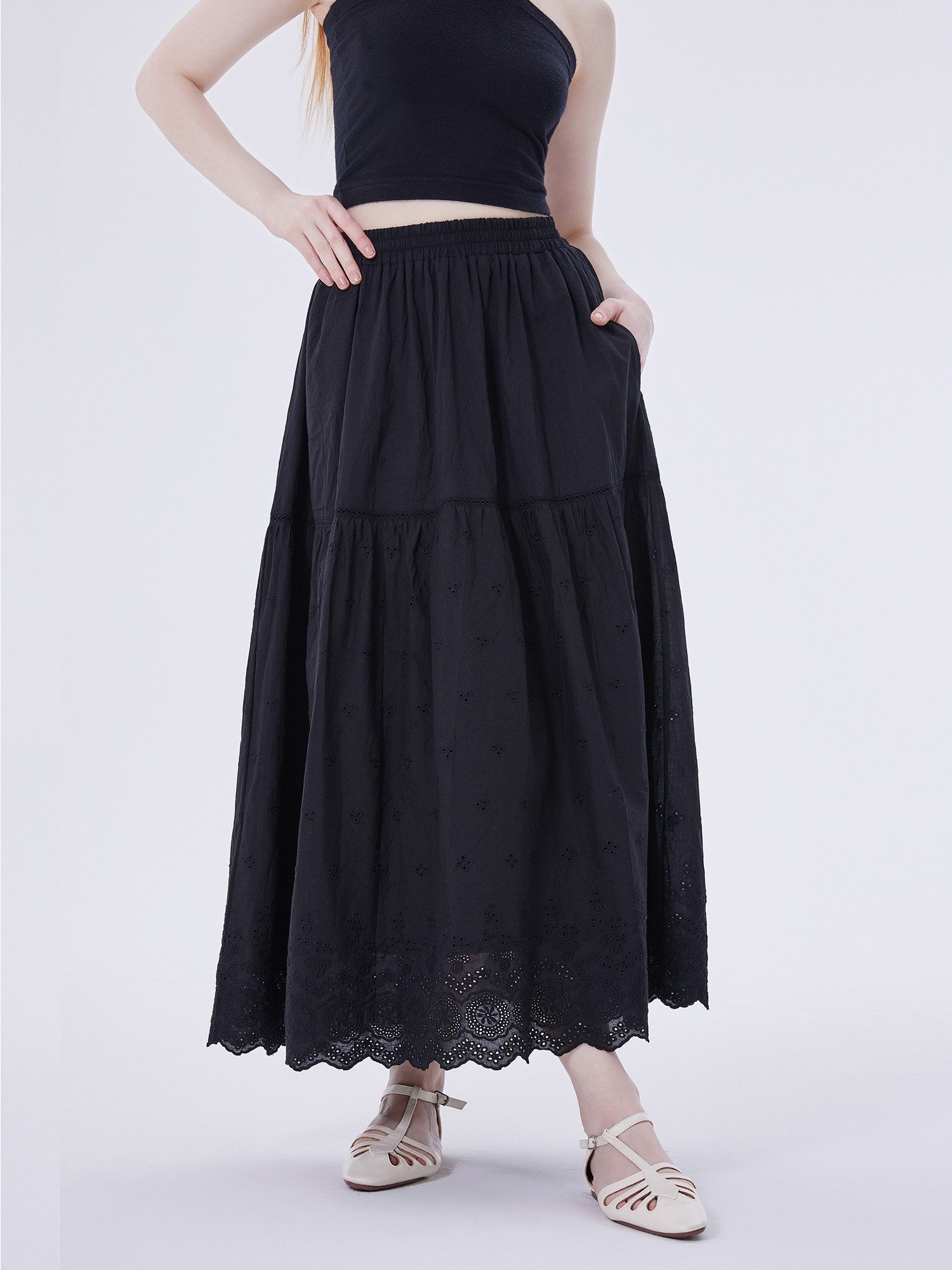 LAPA PLUS Maxirock Damen Spitze A-Linien-Rock, Maxi-Stufenrock mit elastischer Bund (1-tlg) Freizeit Langer eleganter Jacquardrock aus Baumwolle, Schwarz