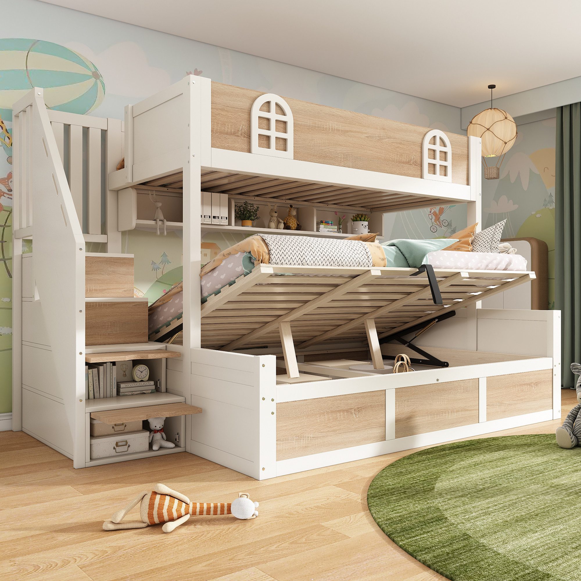 MODFU Hochbett Sicheres Etagenbett mit Rausfallschutz & Treppenschrank (Etagenbett, 1-St., Aus robustem Holz für ein stabiles und langlebiges Kinderzimmer) Zwei Einzelbetten à 90/140x200 cm, inkl. Lattenroste(ohne Matratze)