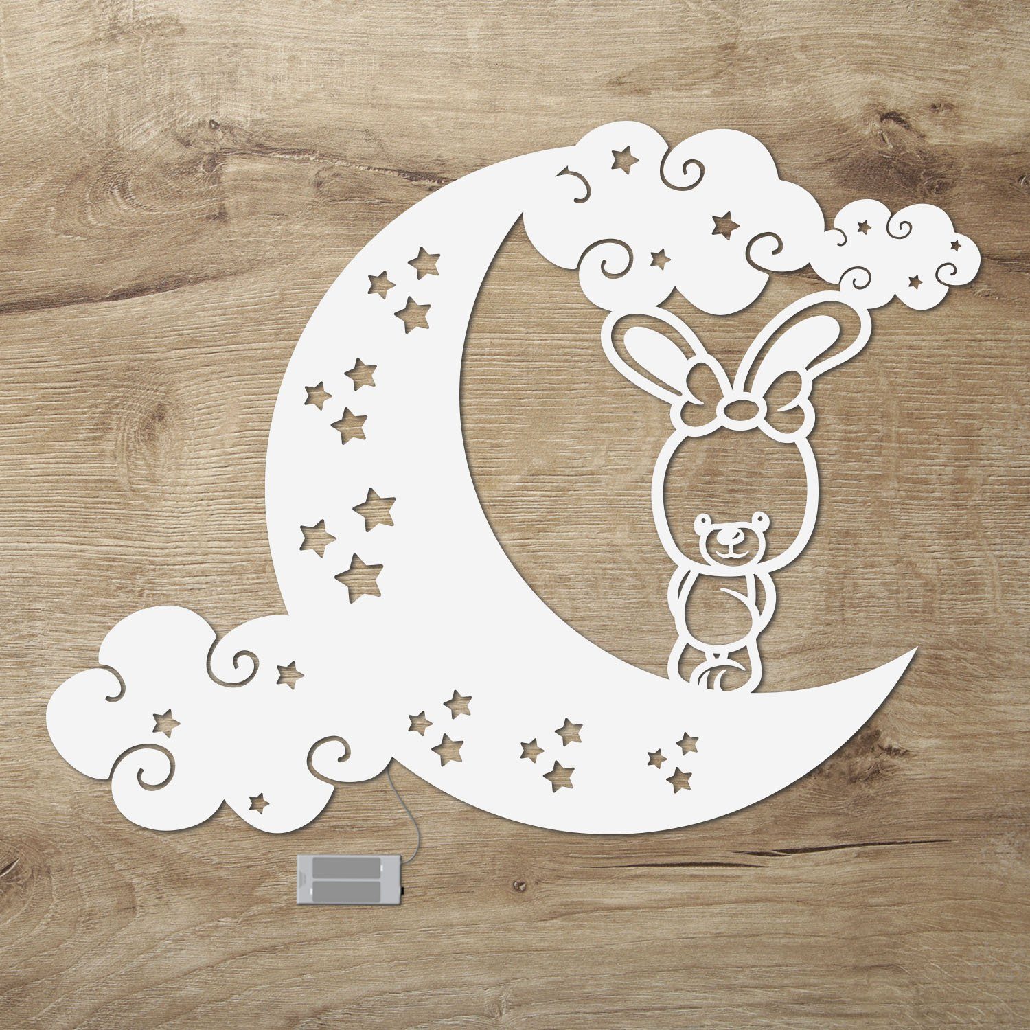 Namofactur LED Nachtlicht Hase auf Mond Nachtlicht Holz Wandlampe für Kinder I Kinderzimmer, Ohne Zugschalter/Stern, LED fest integriert, Warmweiß