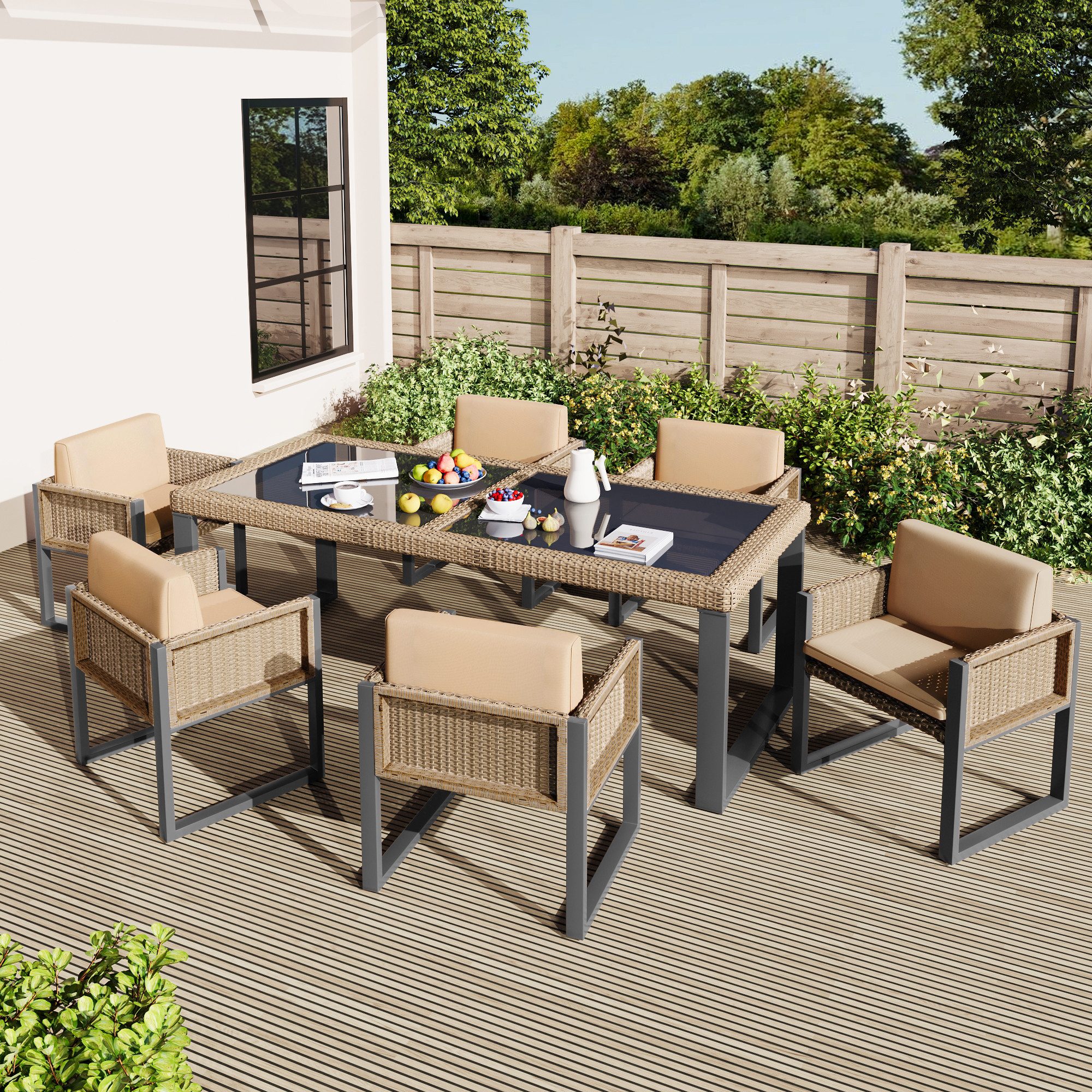 Celya GartenloungeSet Gartenlounges Alu, Rattan mit Esstisch 6