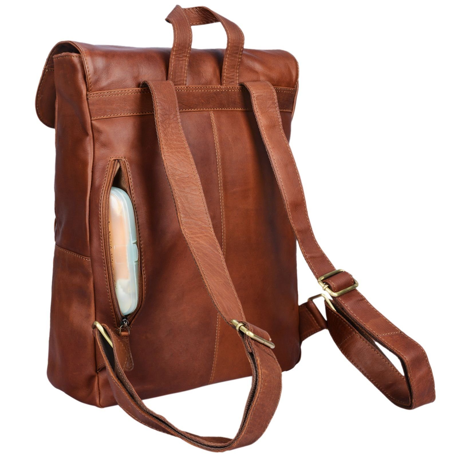 Leder Rucksack "Manila" Vintage - braun Herren Notebook-Rucksack Damen STILORD cognac