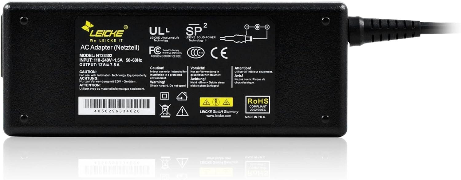 Leicke 90 W-Netzteil 12 V, 7,5 A für LCD-/TFT-Bildschirm, LED-Strips, NAS Universal-Netzteil (Festplatten, Pico-PSU, Router, Hubs, Switches, Embedded-PC usw)