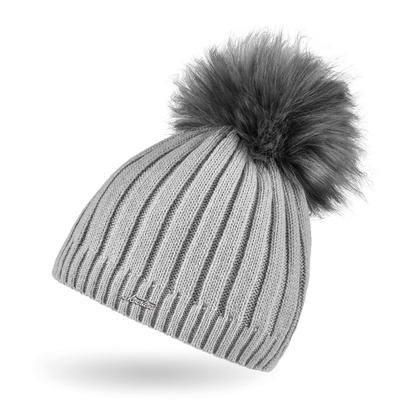 Neverless Bommelmütze Damen Strick-Mütze gefüttert Fell-Bommel Kunstfell Bommelmütze