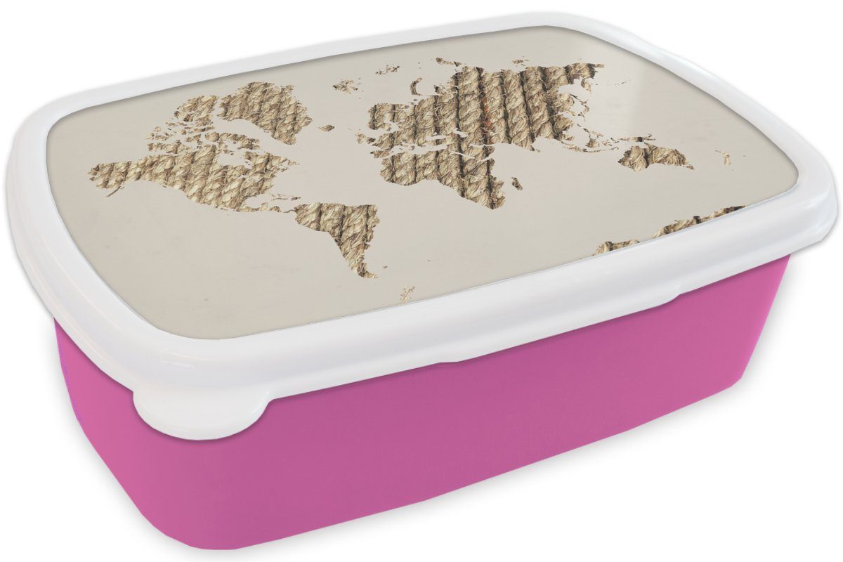 Braun, MuchoWow Brotbox - Erwachsene, Seil Lunchbox für rosa - Snackbox, Kinder, Mädchen, (2-tlg), Weltkarte Kunststoff Kunststoff, Brotdose