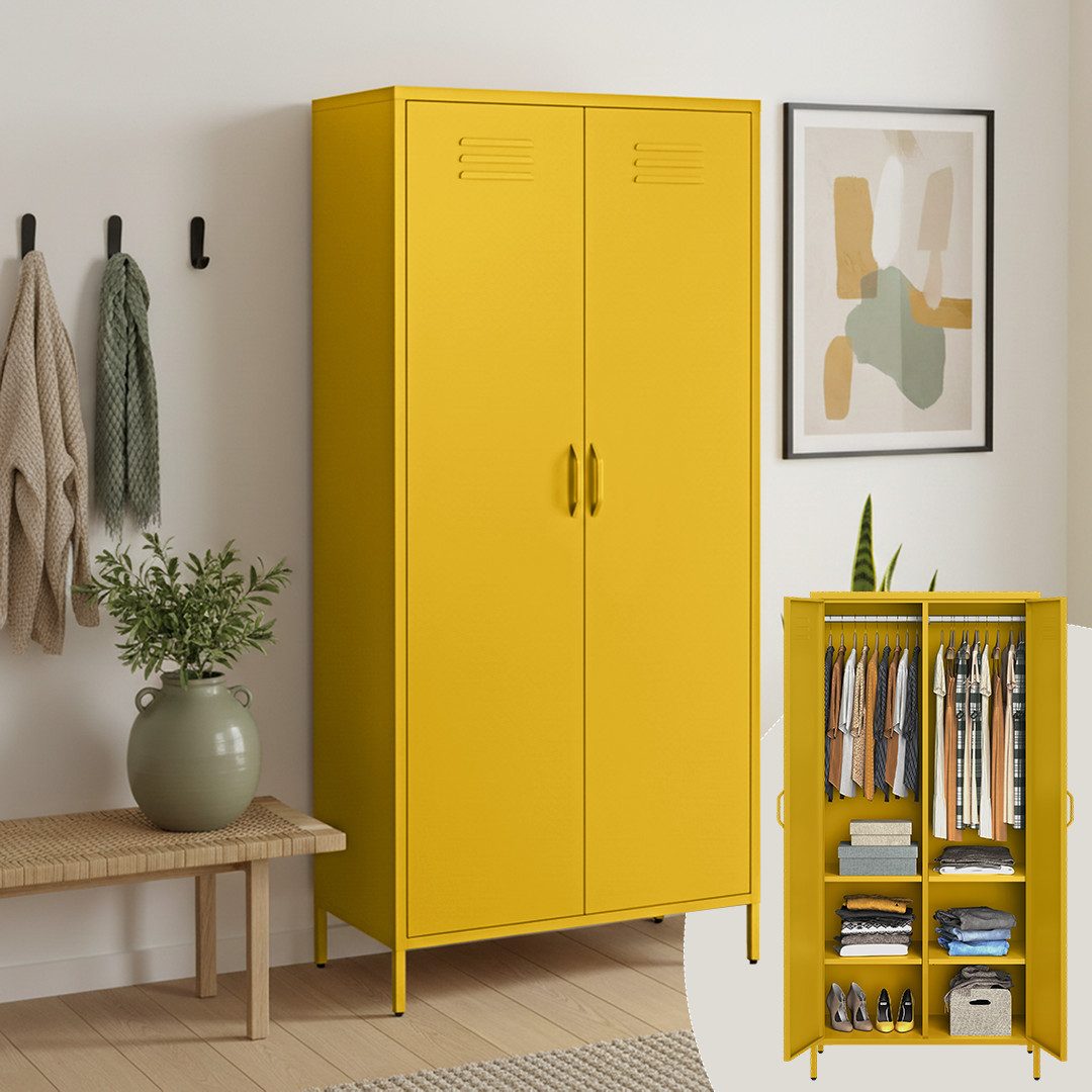 skølm Kleiderschrank Atria aus Metall (Senfgelb) Metallschrank mit 6 Fächern & 2 Kleiderstangen, 170x45x80 cm (HxTxB)