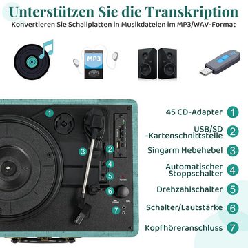 TLGREEN Schallplattenspieler 3-Gang Plattenspieler (Plattenspieler mit Lautsprecher, mit Bluetooth, USB)