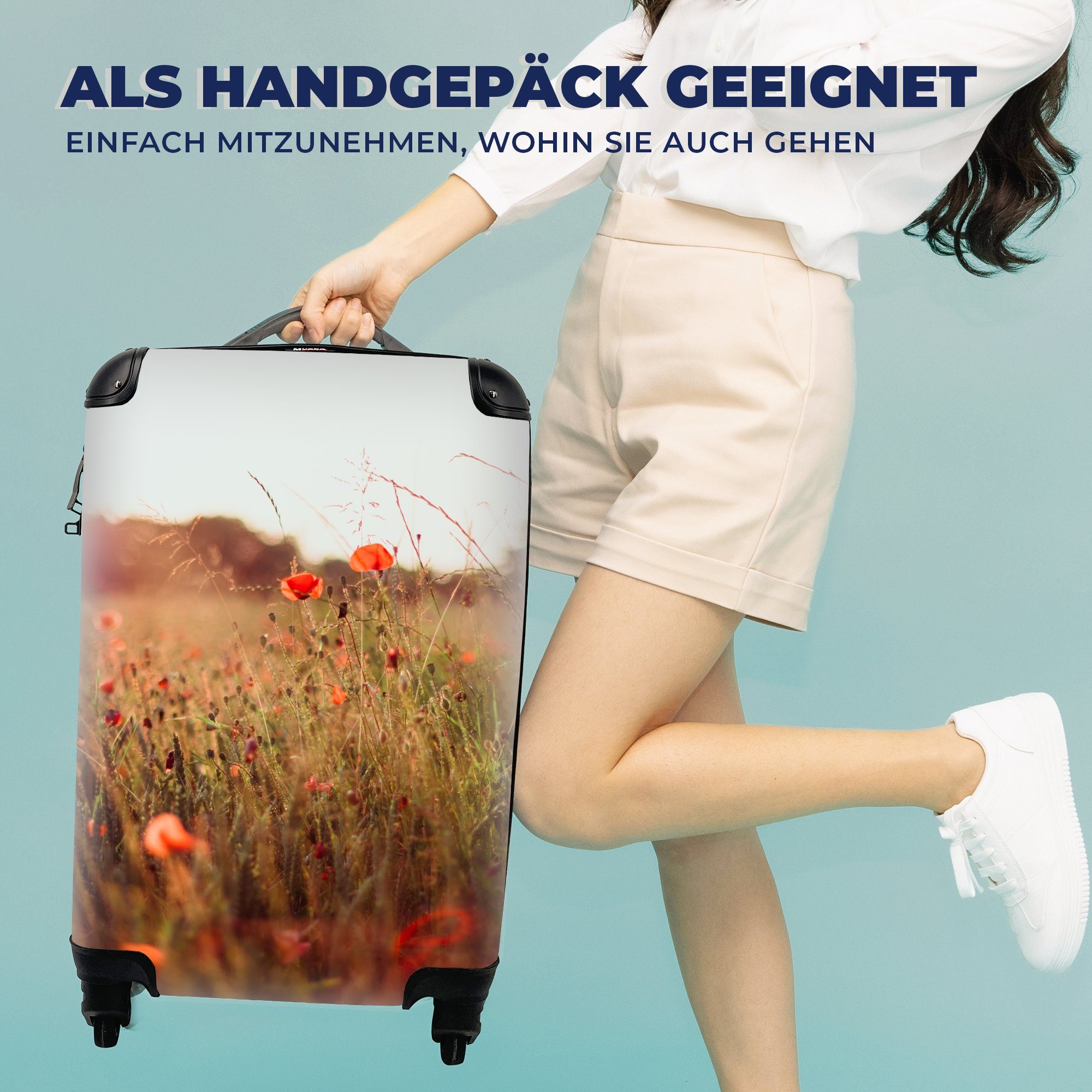 Trolley, Rollen, MuchoWow - Ferien, für Rot, Reisetasche Reisekoffer rollen, Handgepäck Sonnenuntergang - mit Blumen 4 Handgepäckkoffer