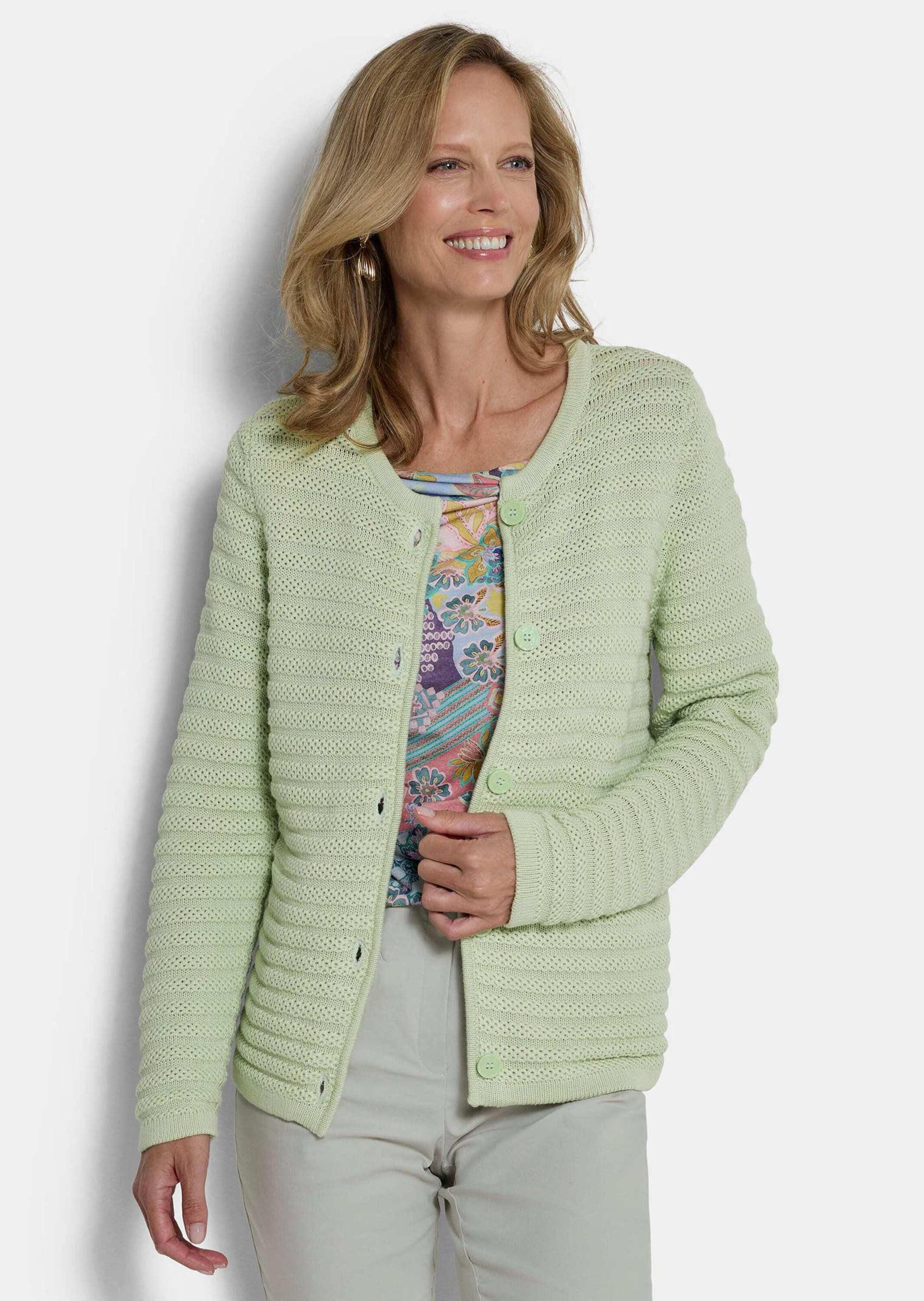 GOLDNER Strickjacke Ajourjacke in Querrippen-Optik Baumwolljacke mit Rundhals, Knopfleiste und Langarm