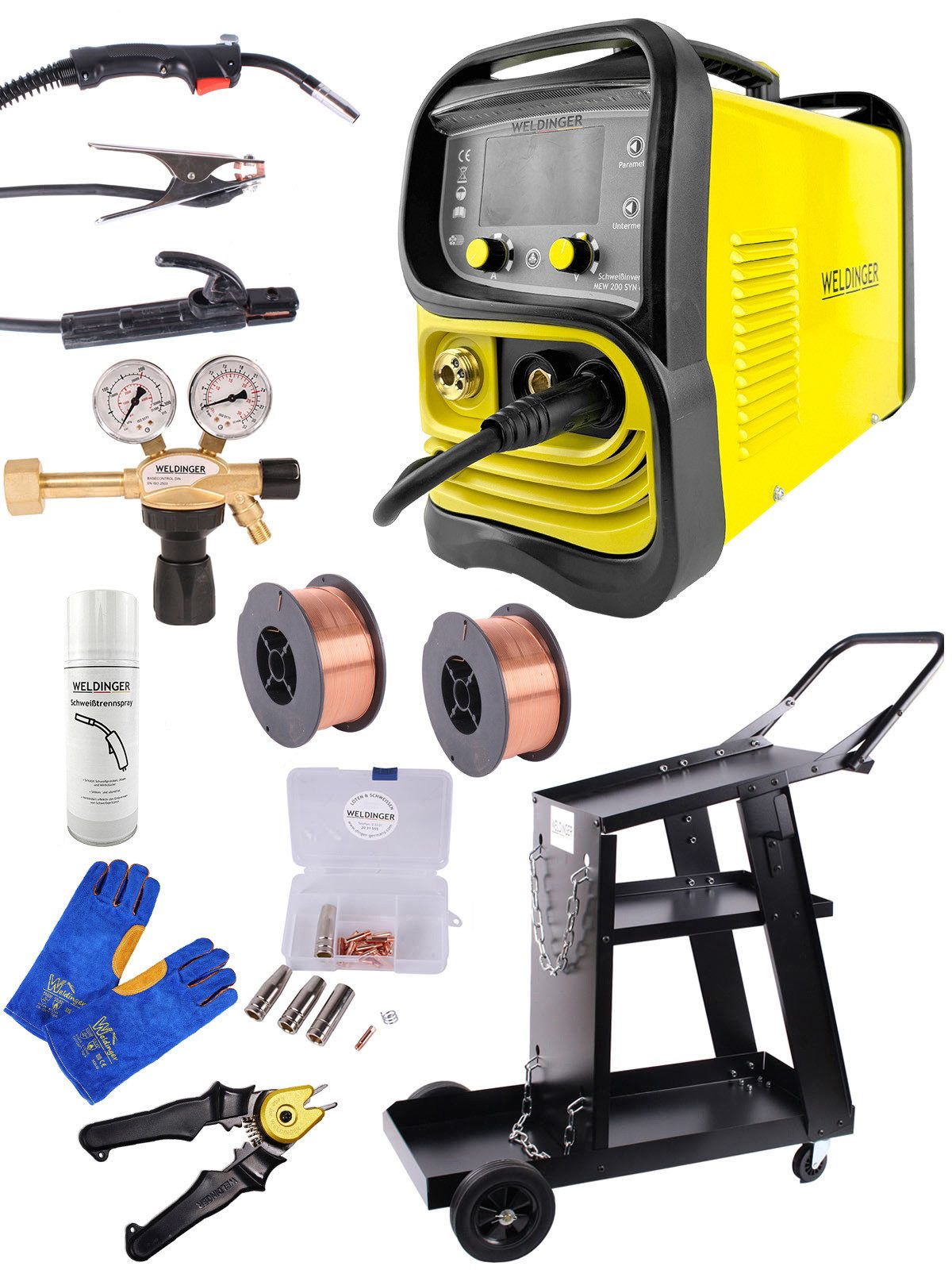 WELDINGER Schutzgasschweißgerät MIG/MAG-Schweißinverter MEW 200 SYNeco Trolley Regler Fixzange Zubehör, 10 - 200 A, 13-tlg., Umpolfunktion, Displaybeleuchtung