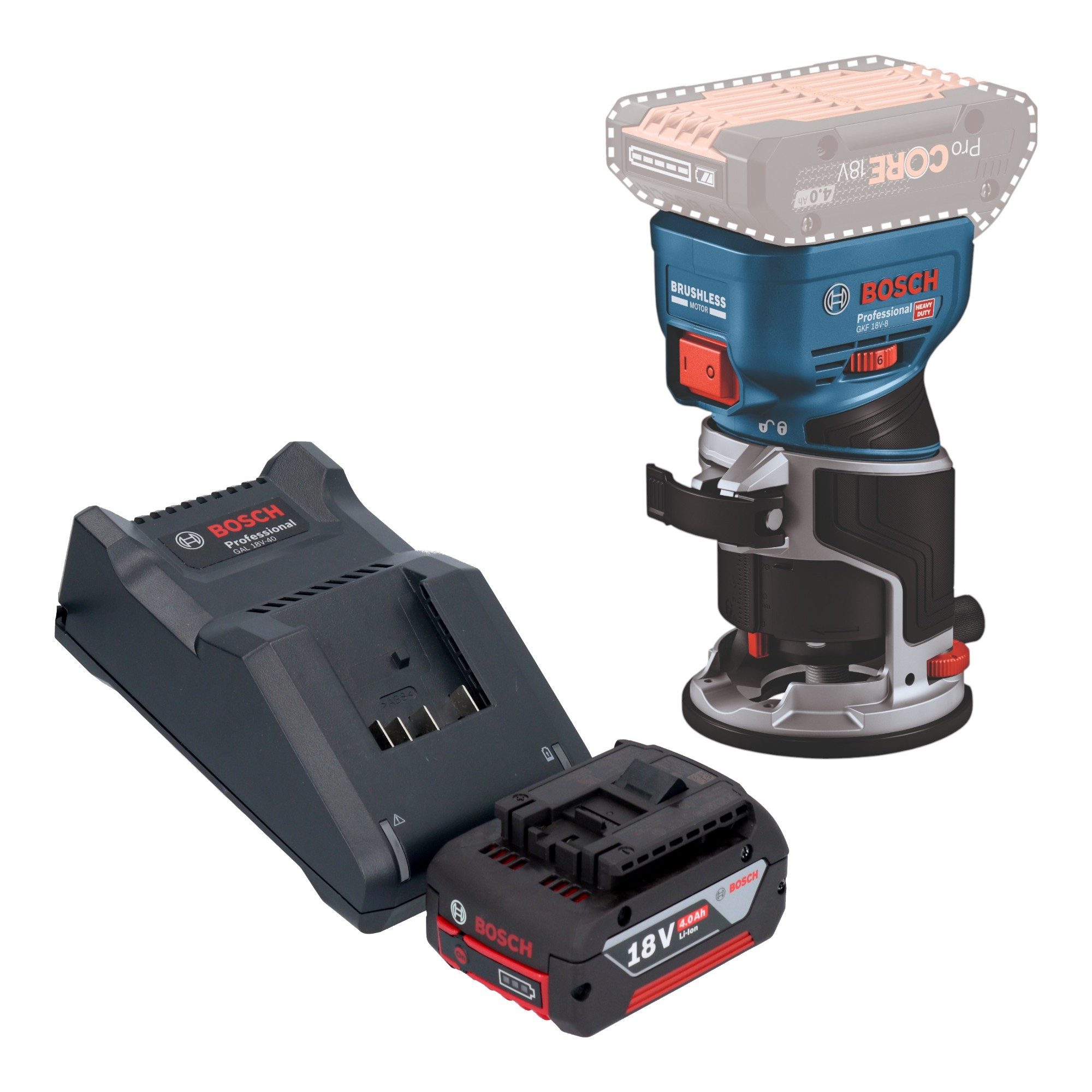 Bosch Professional Oberfräse GKF 18V-8 Professional 18 V 8,0 mm + 1x Akku 4,0 Ah + Ladegerät